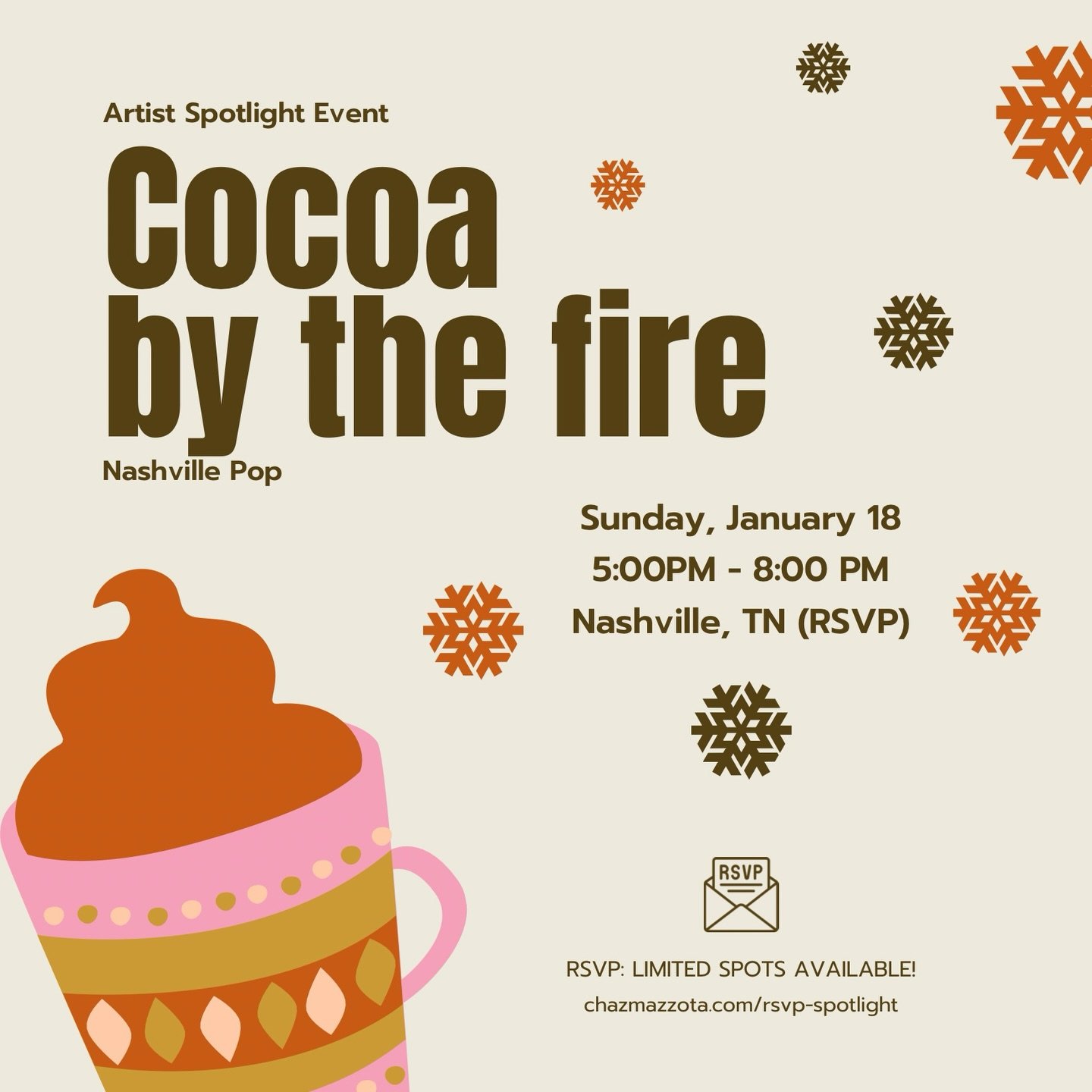 Cocoa by the fire.
Music in the room.
Three local artists, up close &amp; personal.

Join us January 18 from 5&ndash;8pm for our next Nashville Pop Artist Spotlight!

Intimate performances, free food &amp; drinks, and the kind of night you don&rsquo;