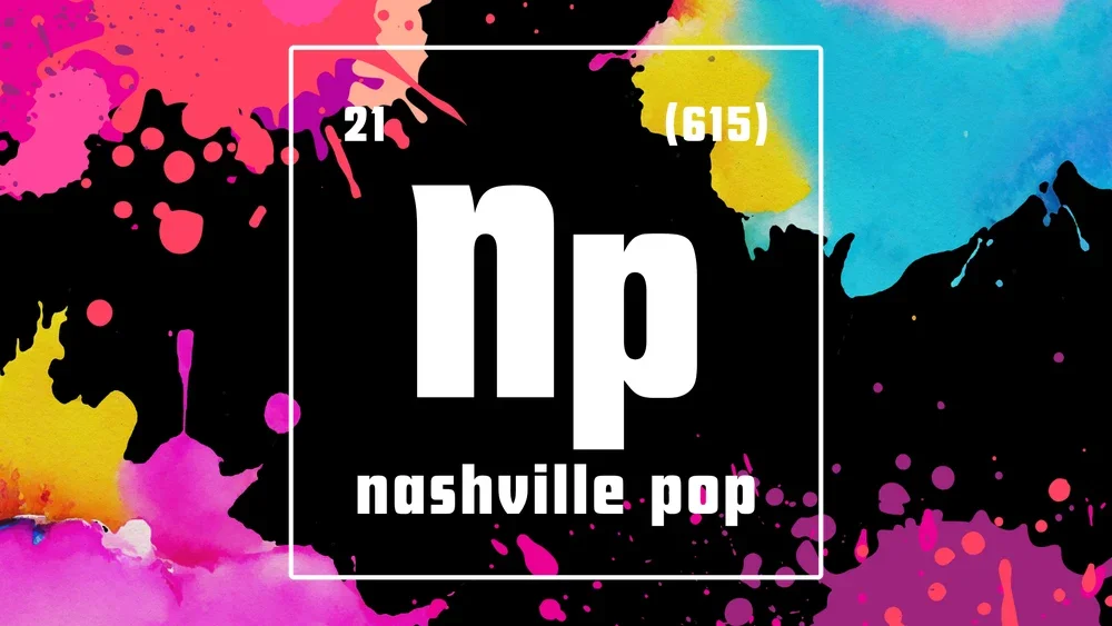 Nashville Pop logo, a white np monogram badge over a colorful paint-splash background