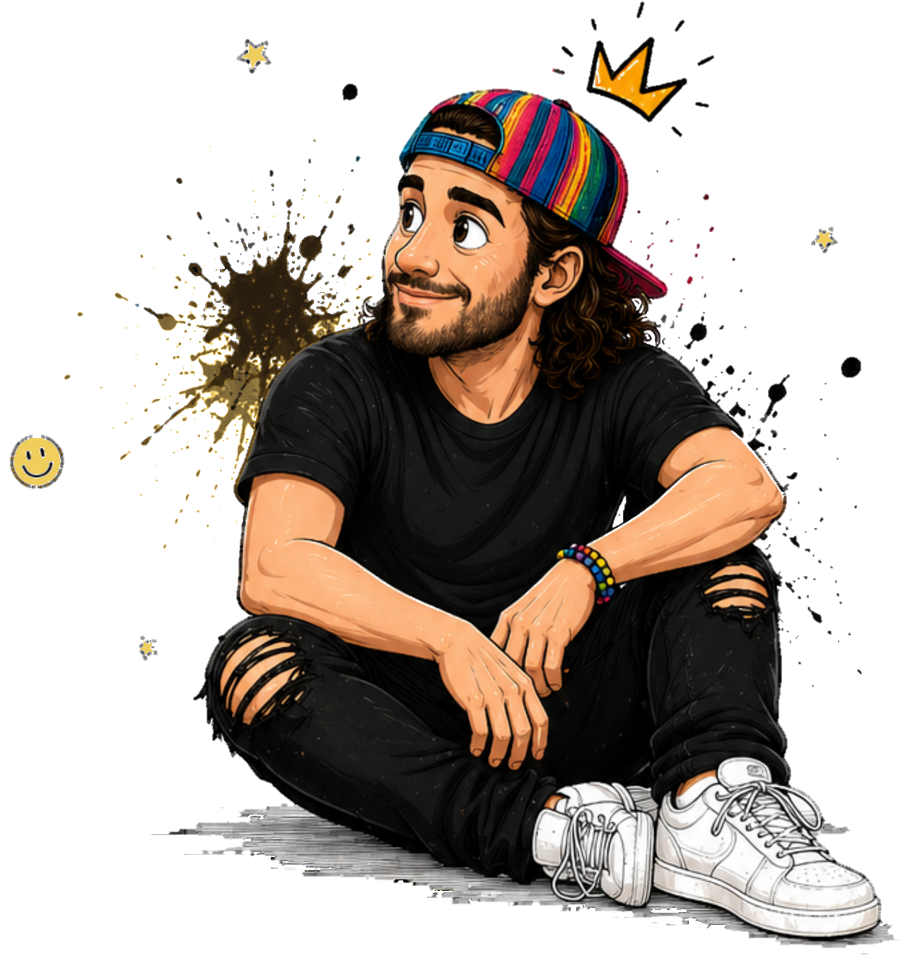 Illustrated portrait of Chaz Mazzota sitting cross-legged: rainbow-striped backwards cap, black tee, ripped jeans and white sneakers, with paint splatters, stars, a smiley face and a gold crown doodle around him