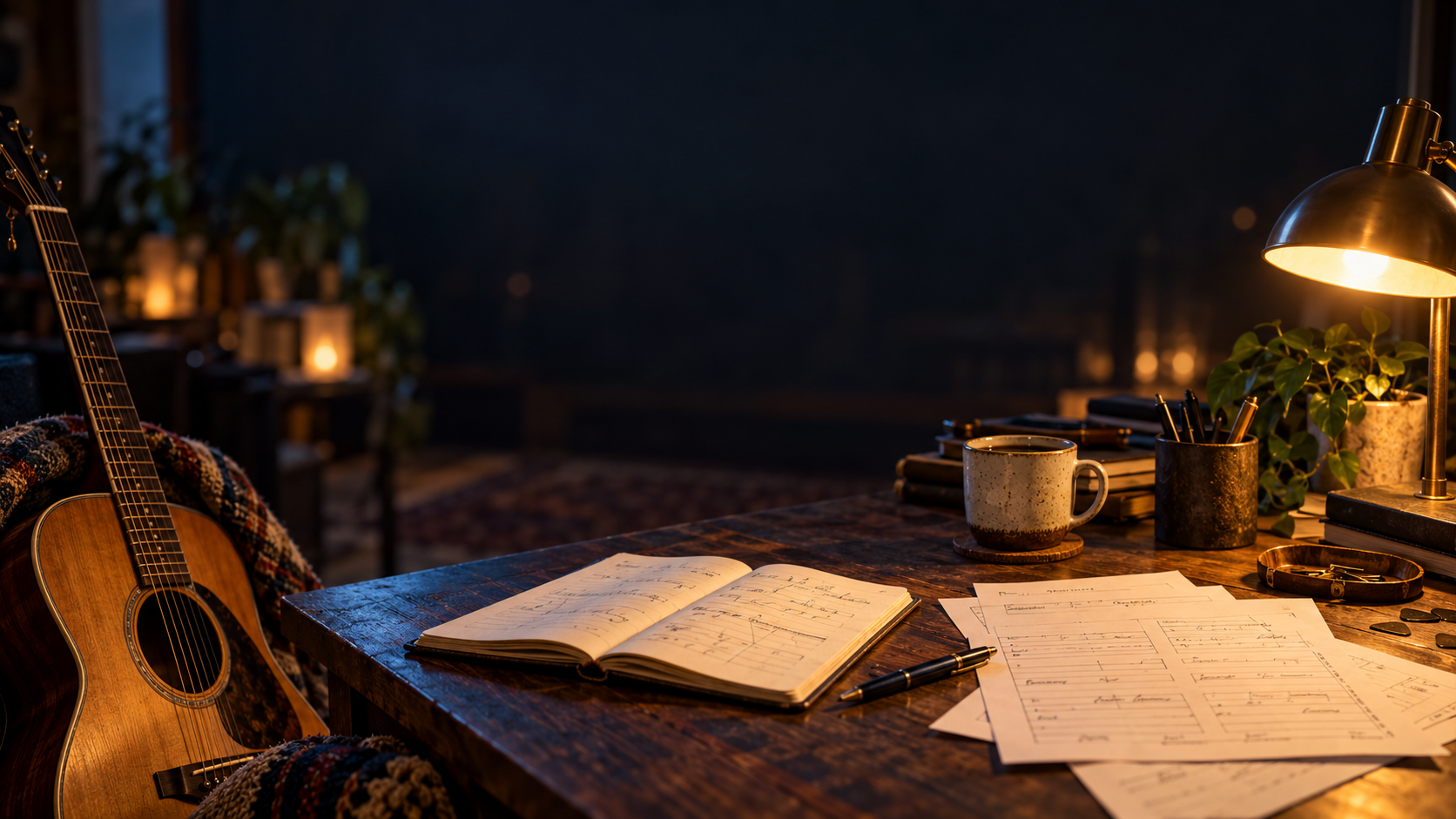 A songwriter's desk at night: an open notebook and split sheets beside a pen, an acoustic guitar leaning against the desk, a mug of coffee under one warm lamp