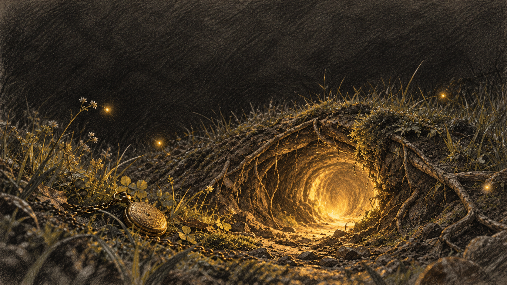 A burrow tunnel glowing gold in dark earth at night, a pocket watch resting in the grass and fireflies in the air, pencil art with gold highlights