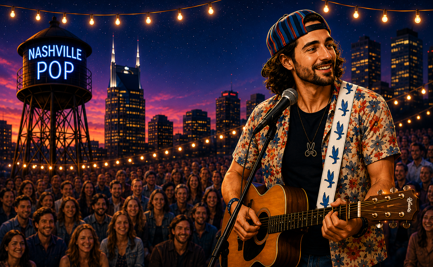 Illustrated Chaz Mazzota performing with his guitar before a Nashville crowd at dusk, the Nashville Pop water tower lit up behind him