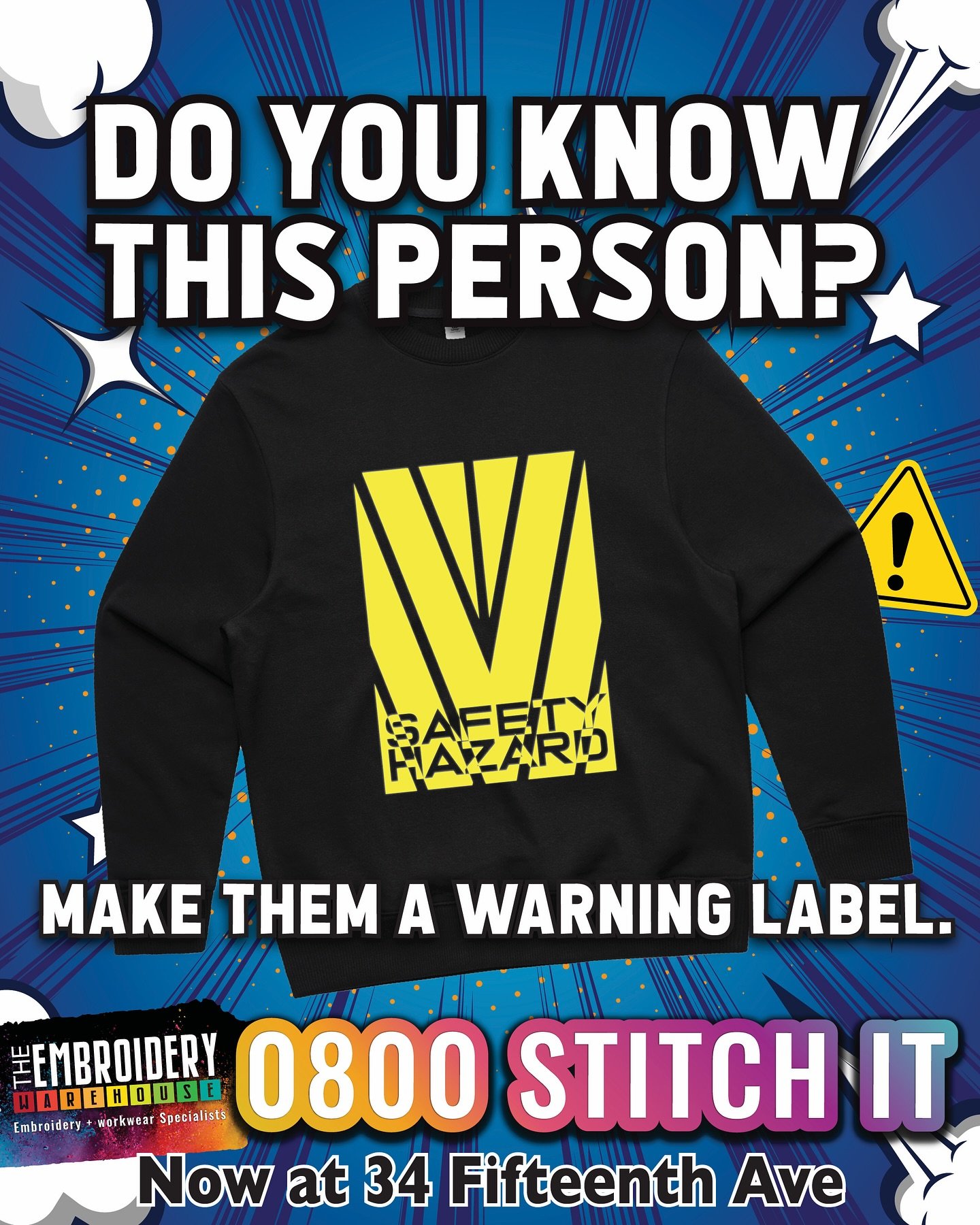 ⚠️ Do you know this person? ⚠️

We&rsquo;ve all got that one mate who&rsquo;s basically a walking safety hazard 🤣 Why not make it official with a custom warning label tee or hoodie? We stitch, print, and vinyl our way to comedic-gold with full hilar
