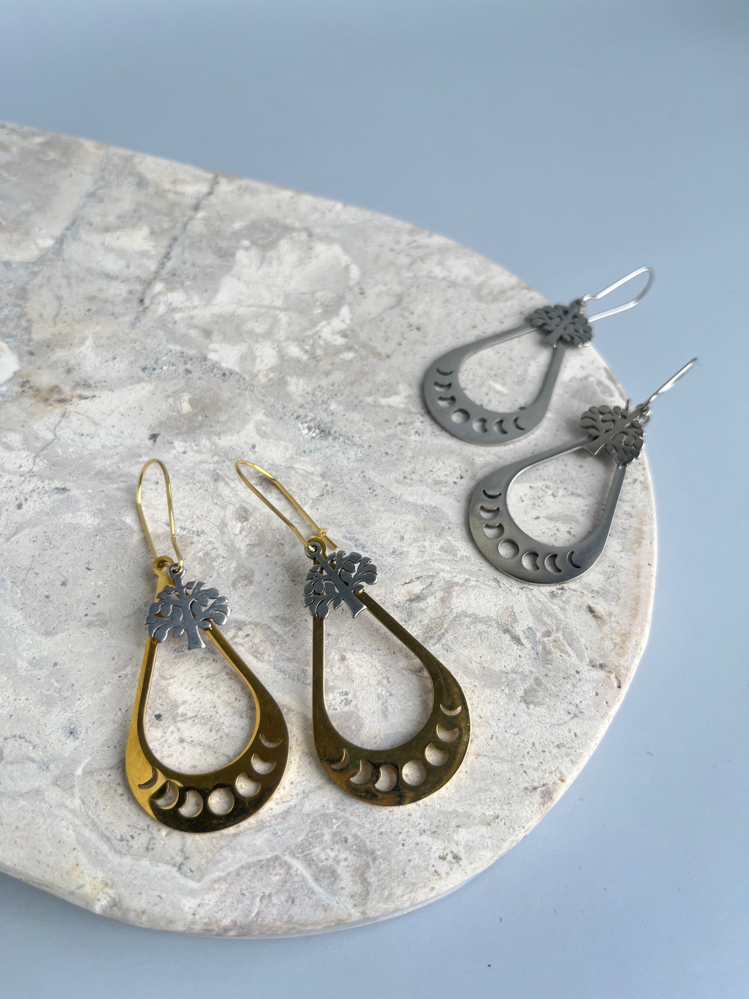 Moon Phase & Tree of Life Drop Earrings