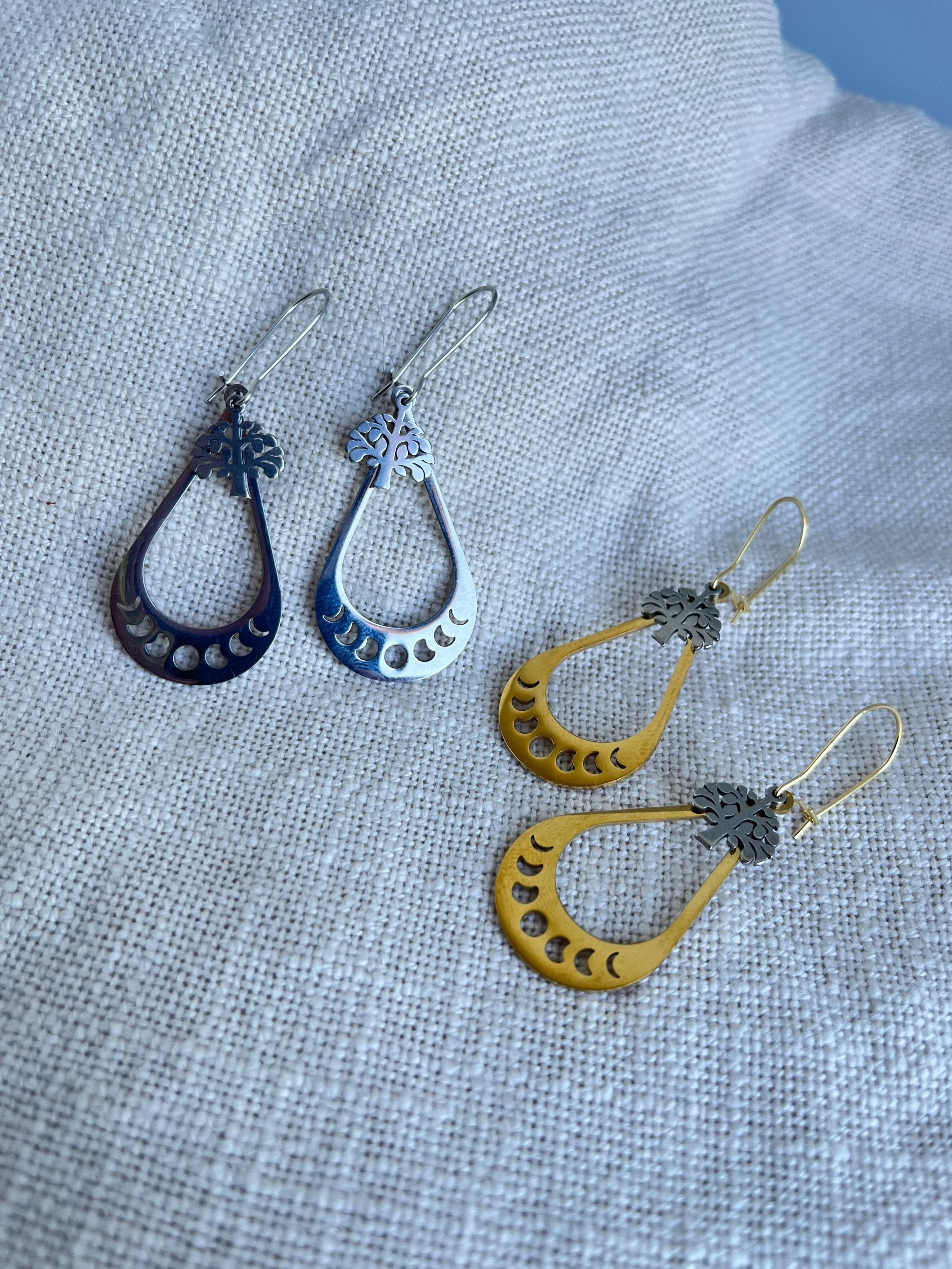 Moon Phase & Tree of Life Drop Earrings