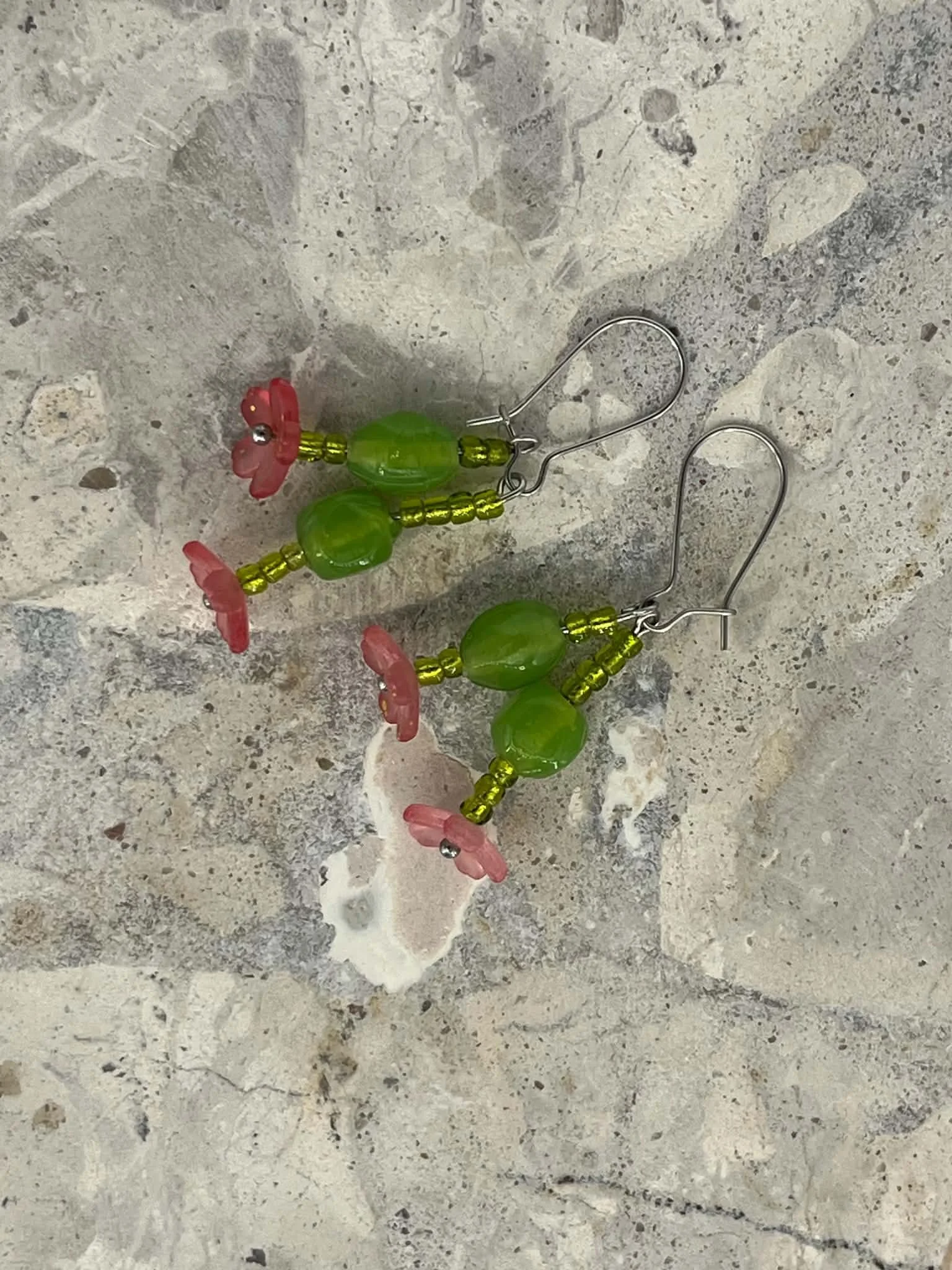 Beaded Red Petal, Green Stem Flower Drop Earring from our One Pair A Day Collection