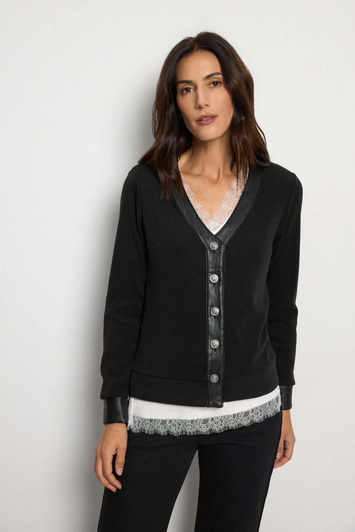Tinta Jacobella Cardigan in Black with Faux Leather Trim