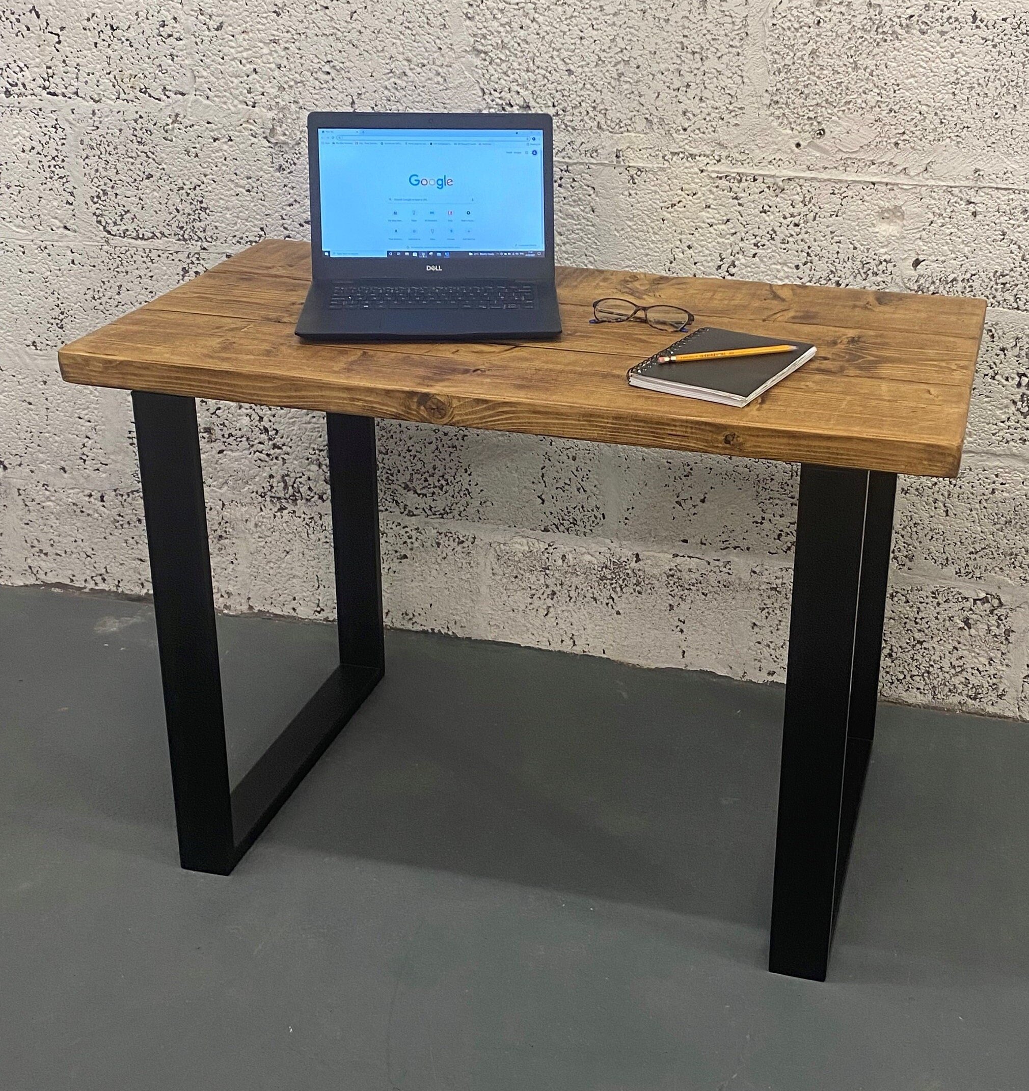rustic solid wood desk pine oak with steel square box section legs