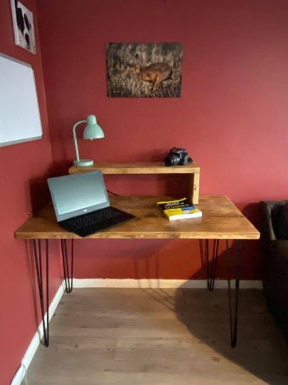 rustic solid wood desk pine oak with black hairpin legs