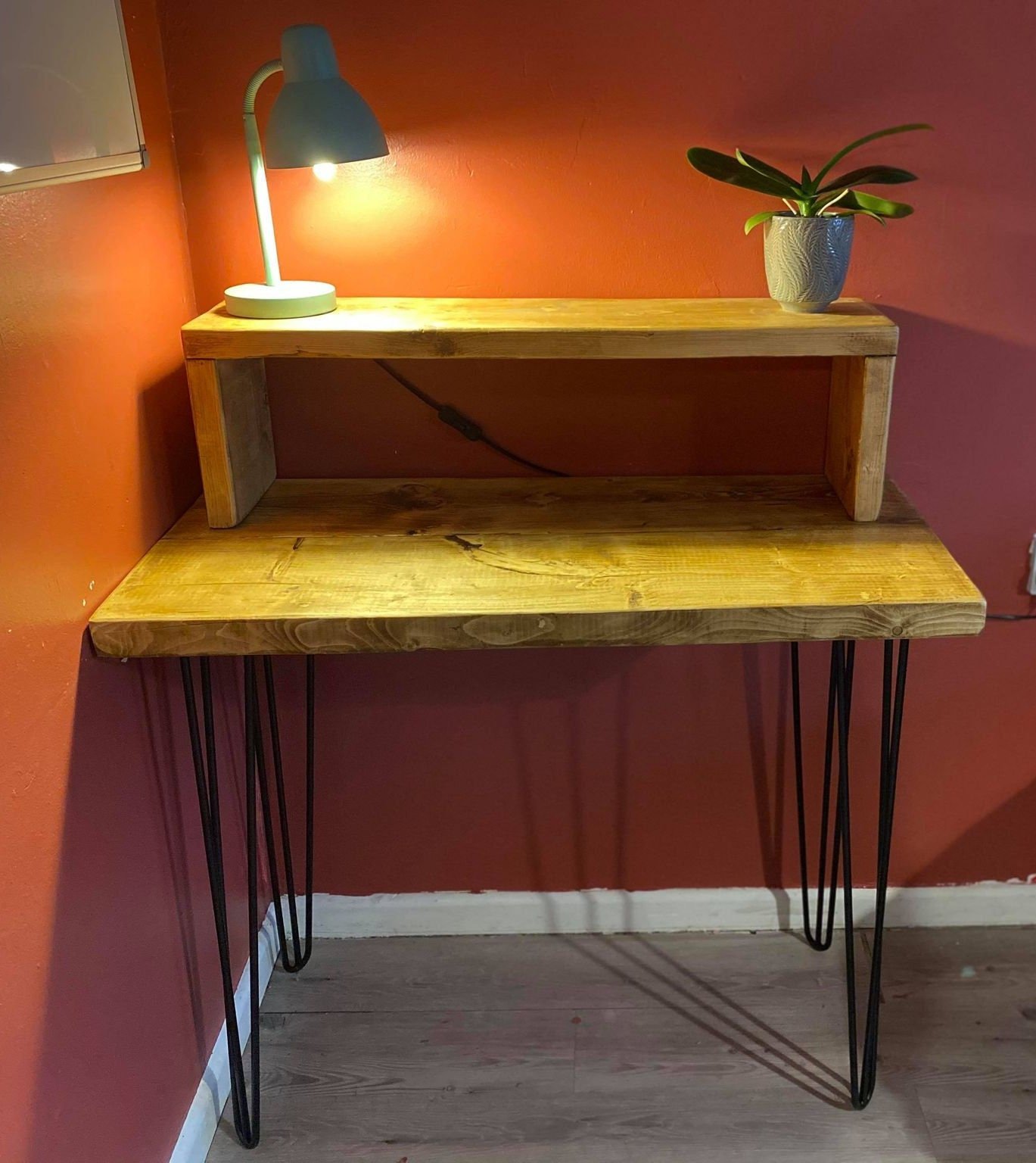 Desk rustic solid wood with black hairpin legs