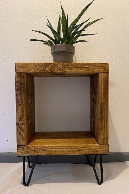 Rustic Cube storage unit pine oak with hairpin furniture feet