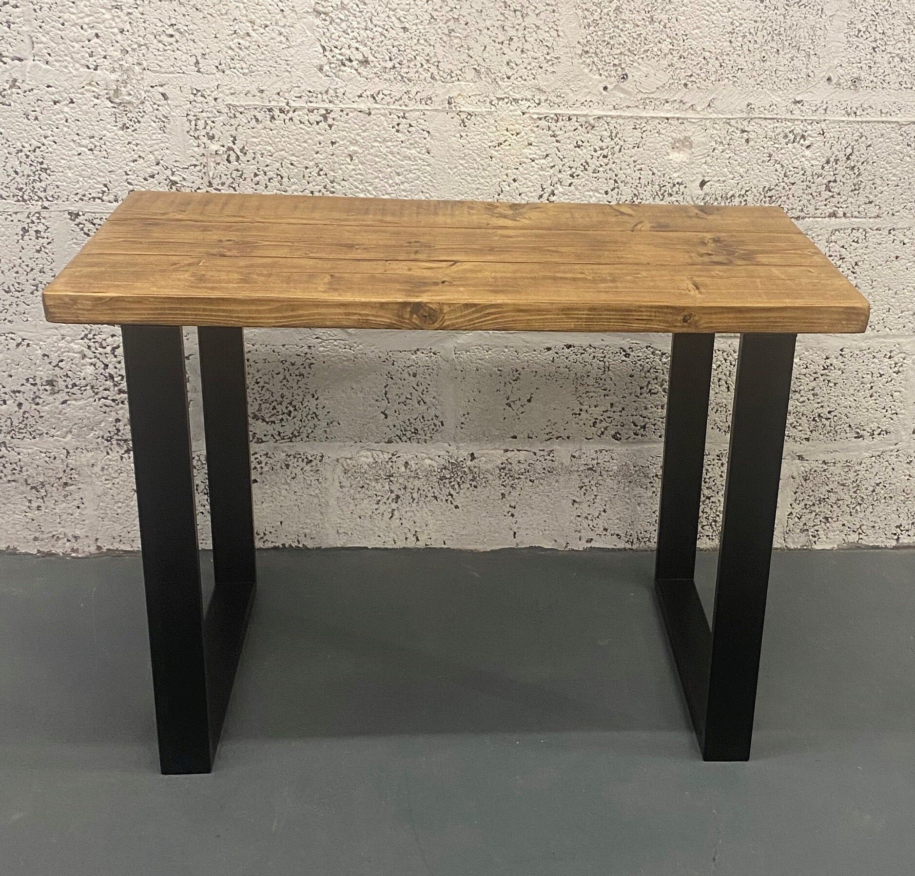 Rustic rectangular table with dark oak finish with black square box section legs