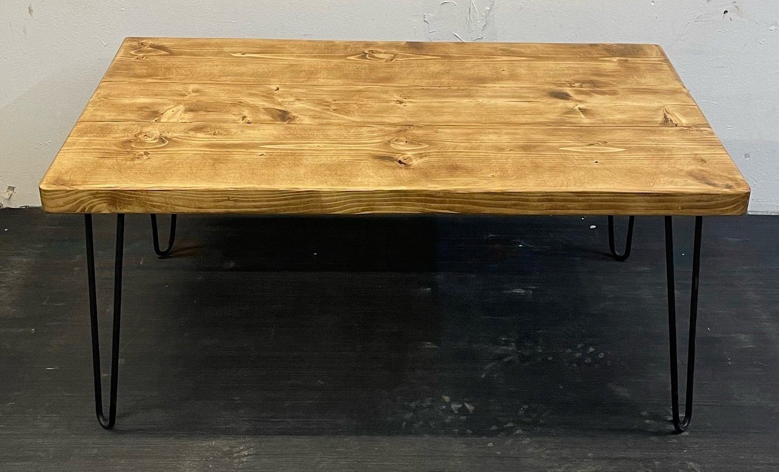 Large Rustic Industrial coffee table with black hairpin legs oak pine