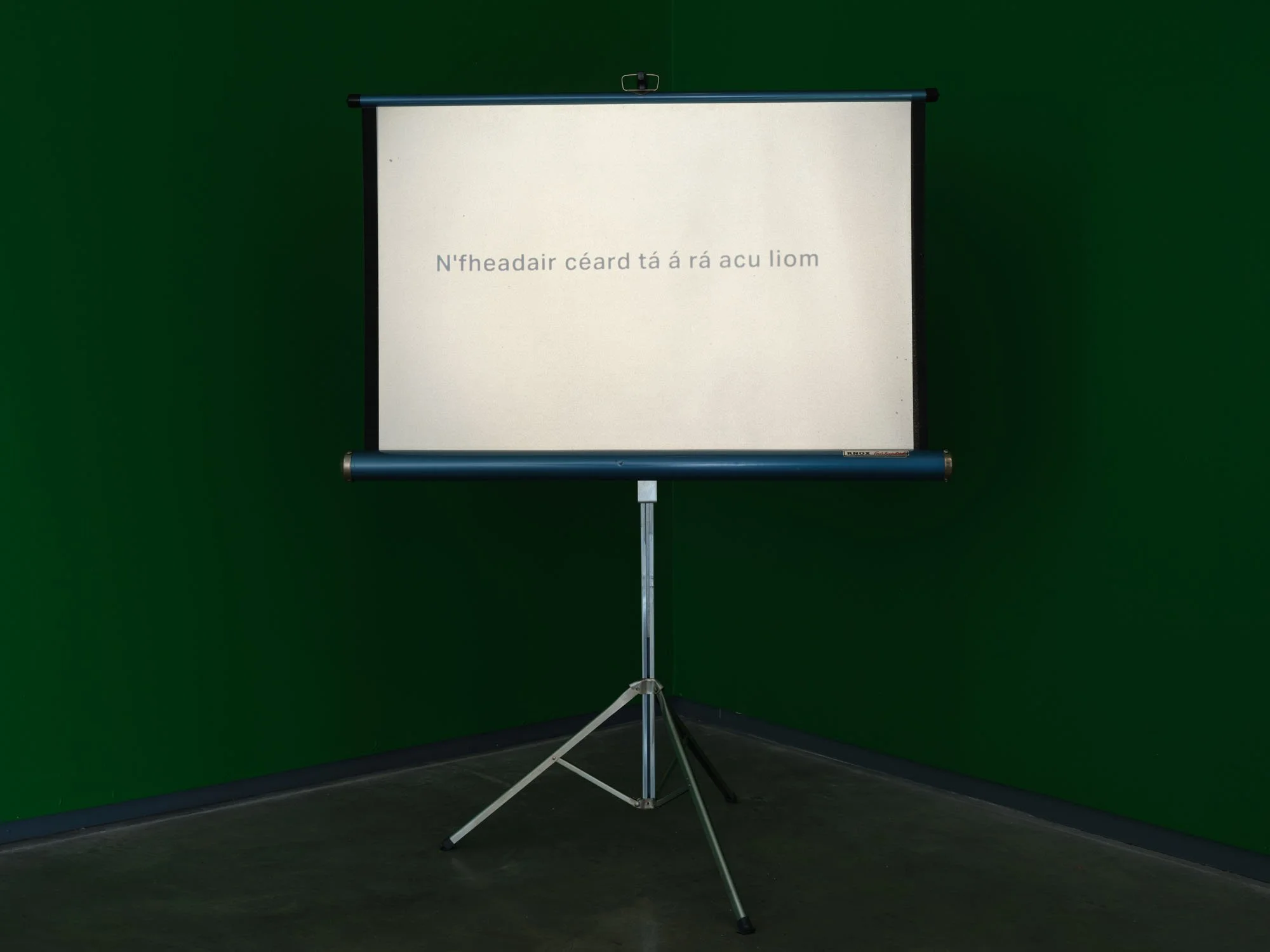 Christopher Steenson,  The Long Grass , 2022–24, 35mm slides, slide projector, vintage portable projection screen and projection table, timing system, amplifier, horn speaker, carved field stone, cabling. Dimensions variable. Duration: 5 minutes 49 s