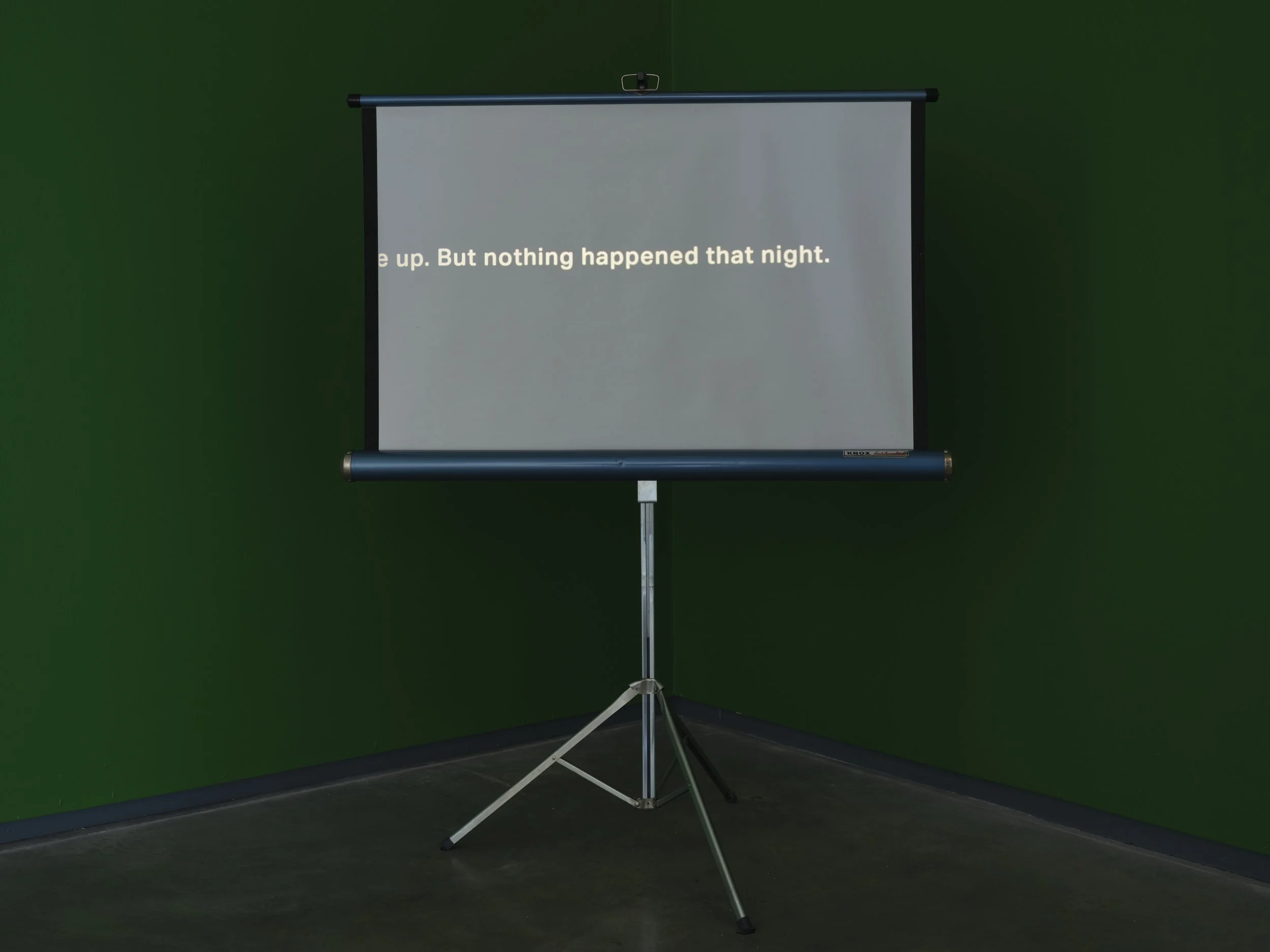 Christopher Steenson,  The Long Grass , 2022–24, 35mm slides, slide projector, vintage portable projection screen and projection table, timing system, amplifier, horn speaker, carved field stone, cabling. Dimensions variable. Duration: 5 minutes 49 s
