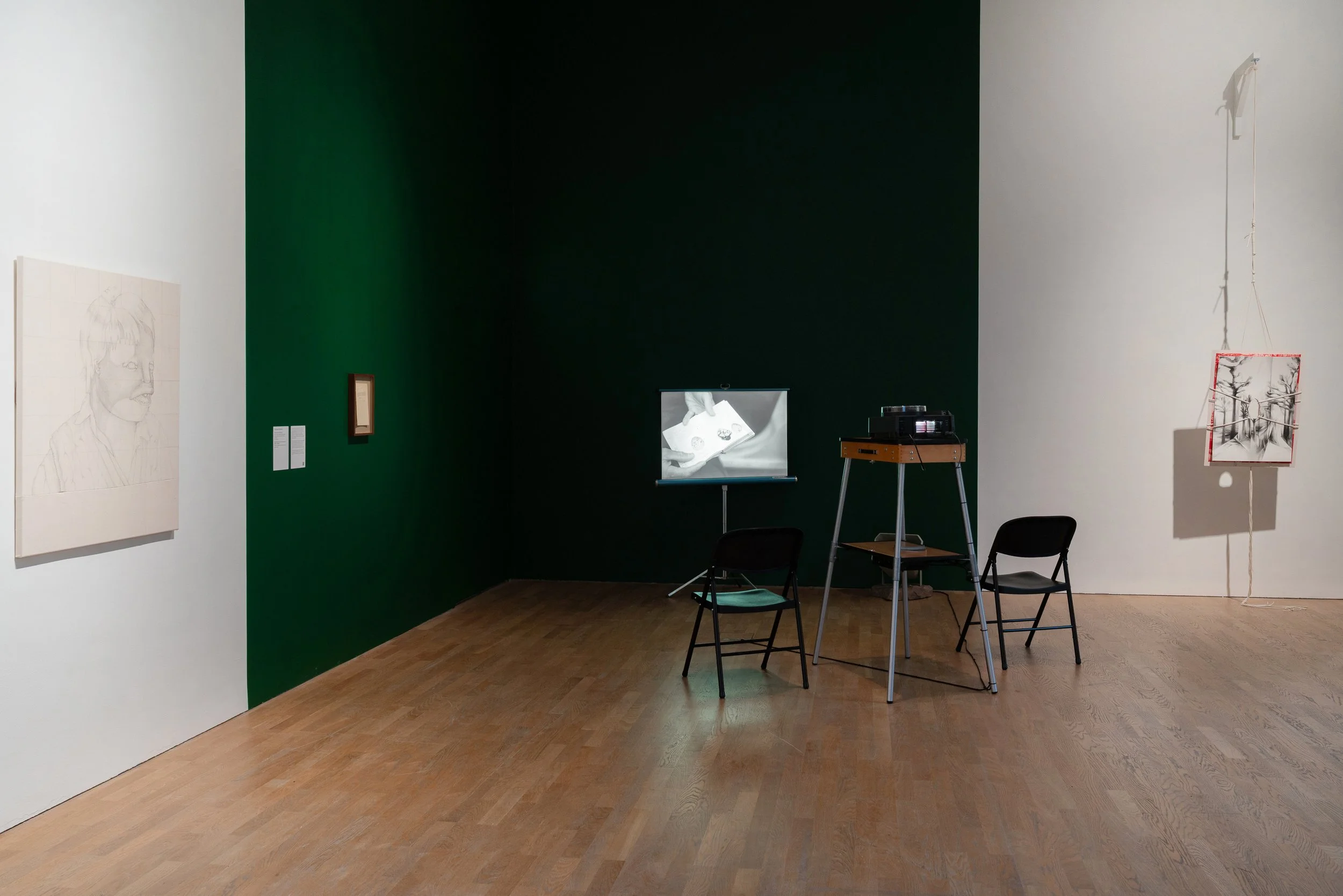 Christopher Steenson,  The Long Grass , 2022–24, 35mm slides, slide projector, vintage portable projection screen and projection table, timing system, amplifier, horn speaker, carved field stone, cabling. Dimensions variable. Duration: 5 minutes 49 s