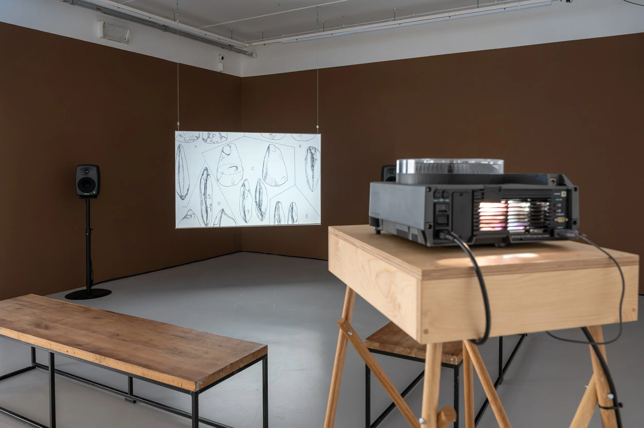 Christopher Steenson,  The Dragon’s Teeth , 2026, slide projector, 35mm slides, stereo sound, bespoke media timing system, cabling. Duration: 11 minutes (with 3 minute interval). Photo: Paola Bernardelli. 