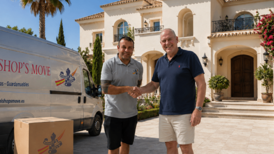 A Bishop's Move crew member in a branded polo shakes hands with a client in front of a luxury Mediterranean villa, signifying a successful relocation