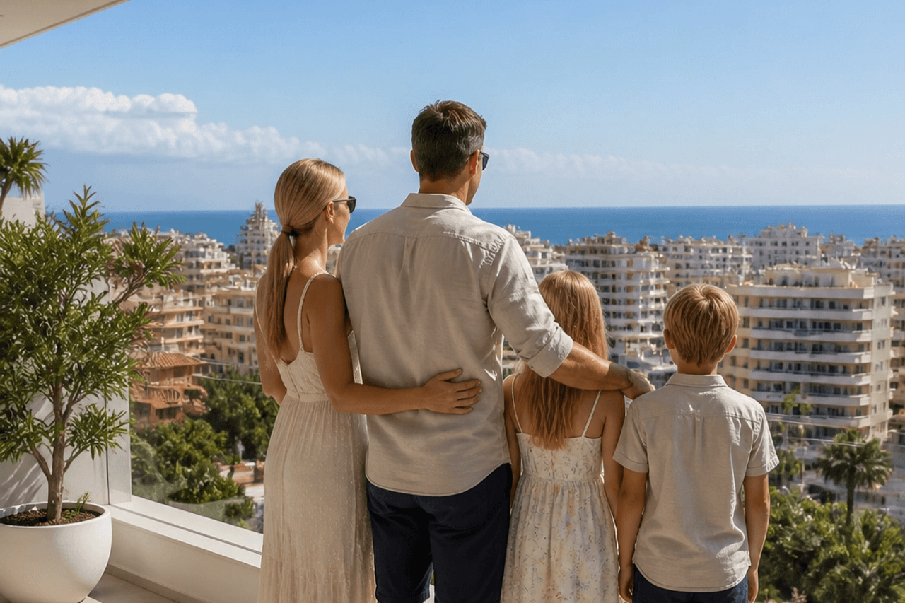 Happy family recently moved to spain looking at view