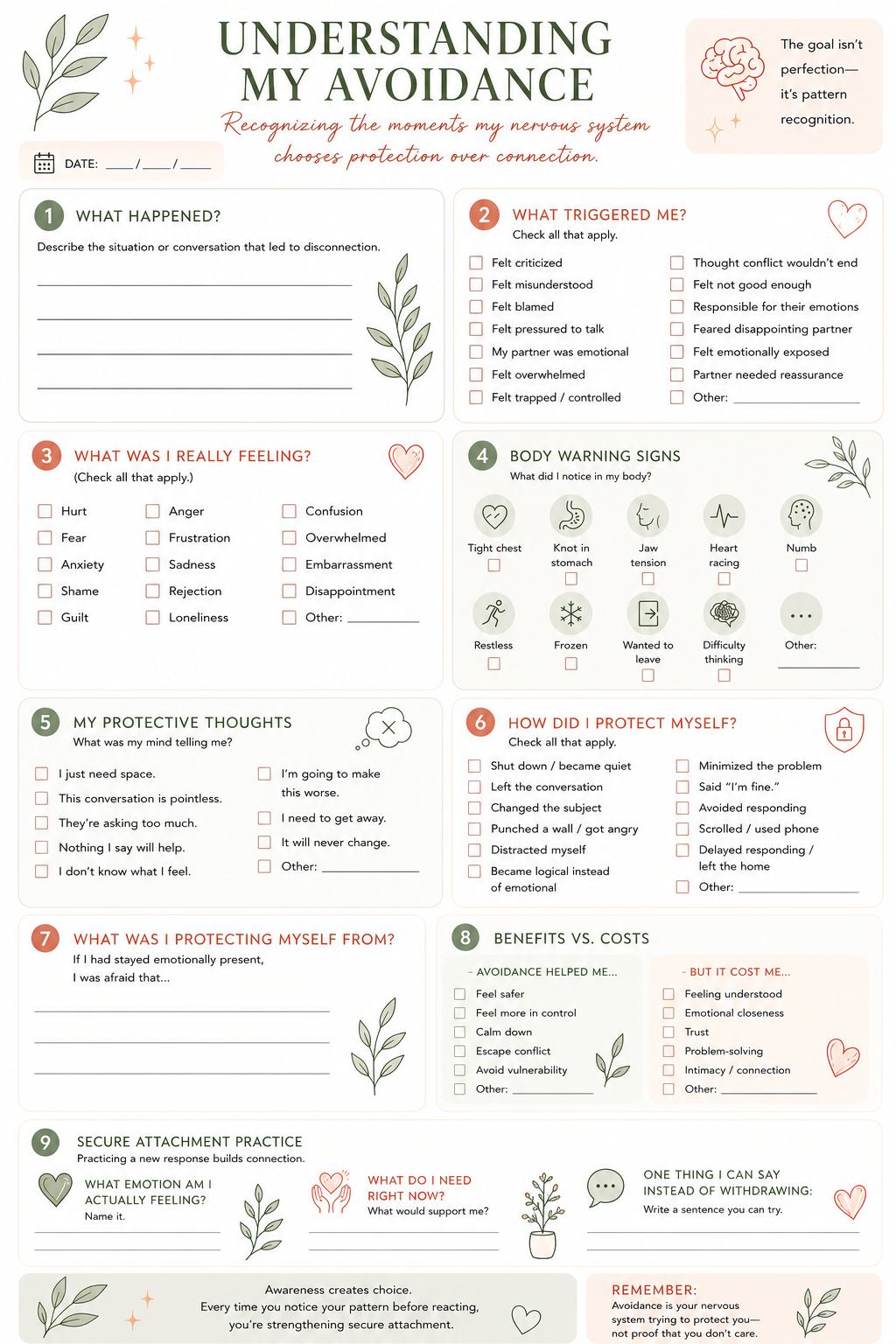 Avoidance Attachment Worksheet