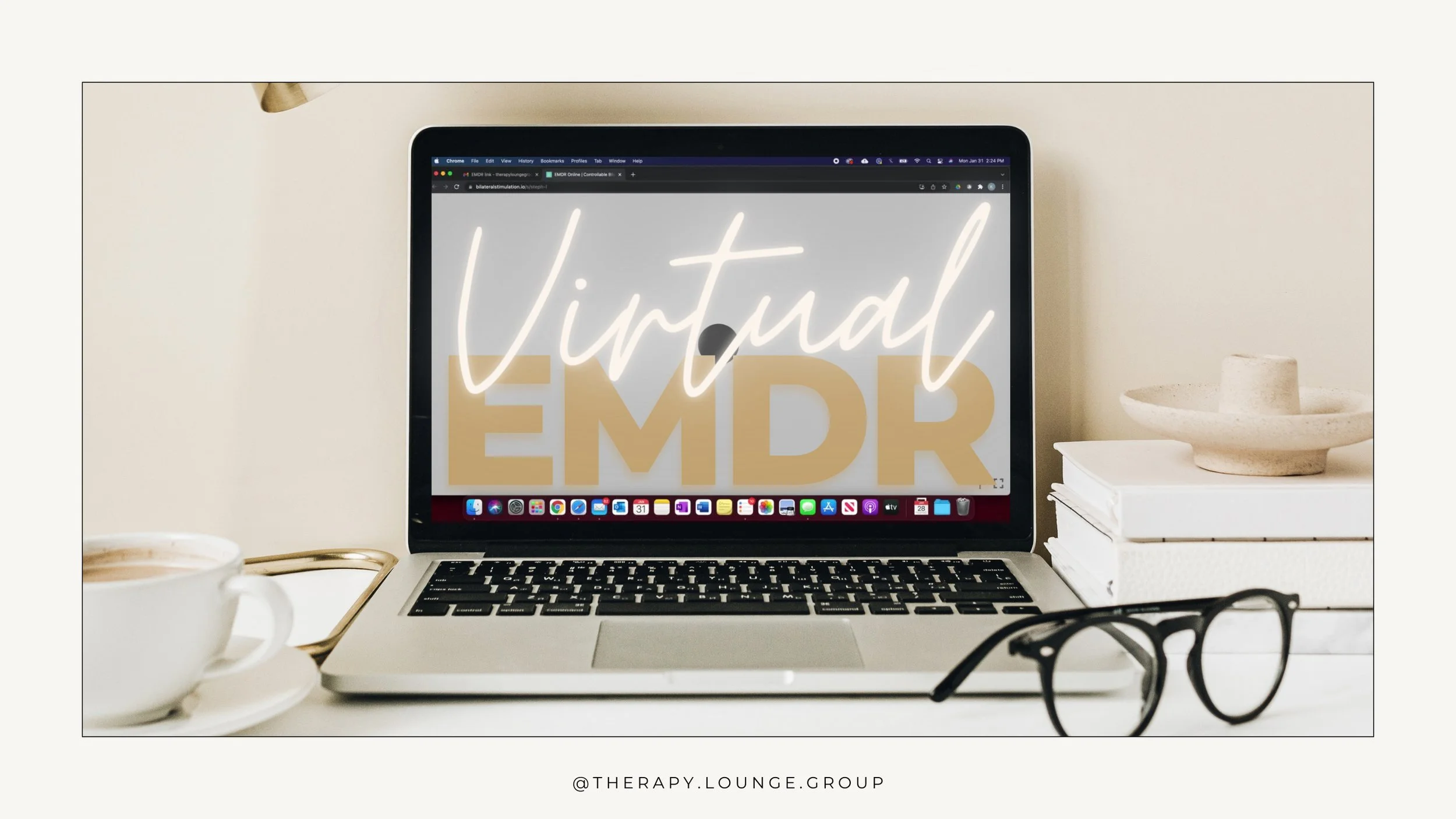 Mac computer with virtual EMDR on screen and glasses on table | Stephanie Sports Therapist EMDR | Online Therapy | Dallas Texas