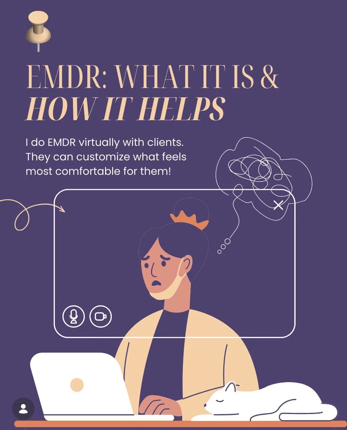 An illustration of a person with a sad expression on a video call, with a white cat lying beside them, and a purple background with text about EMDR therapy.