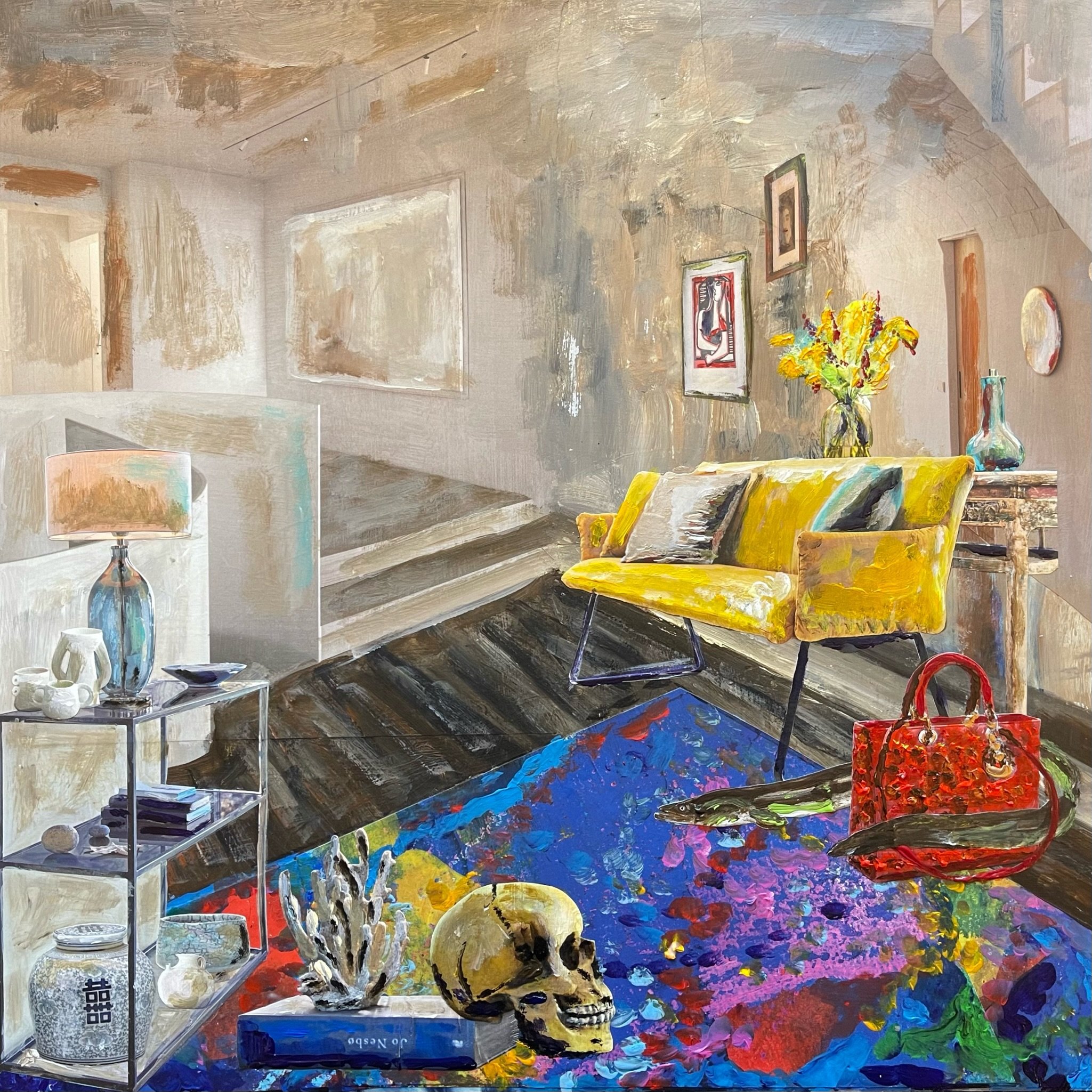Interior with scull and yellow sofa 2021 Acryl Mixed Media on Wood 40x40cm €1600.JPEG