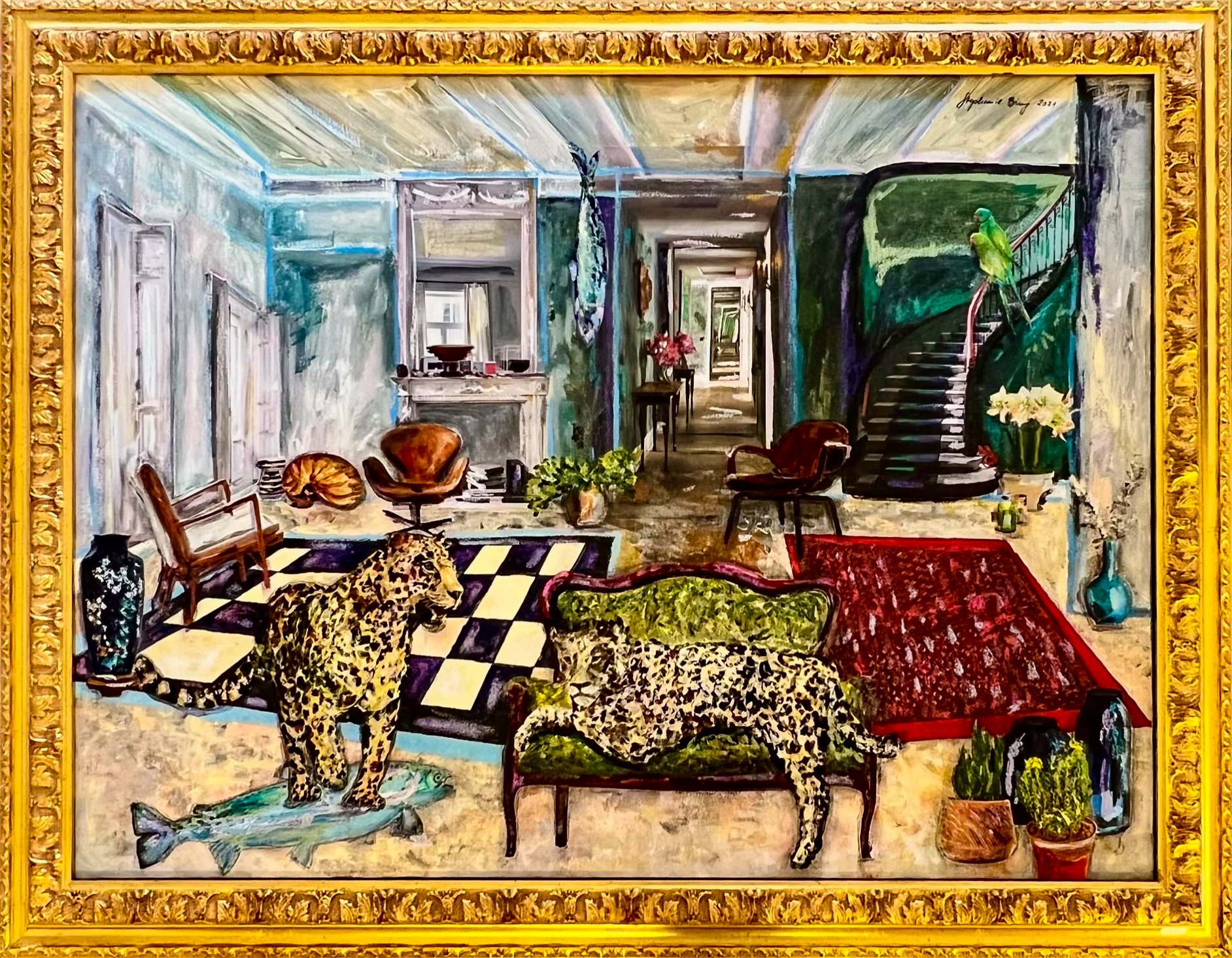 Leopards Living Room 2021 Acryl Mixed Media on Canvas 90x60cm framed baroque gold €3200.jpg