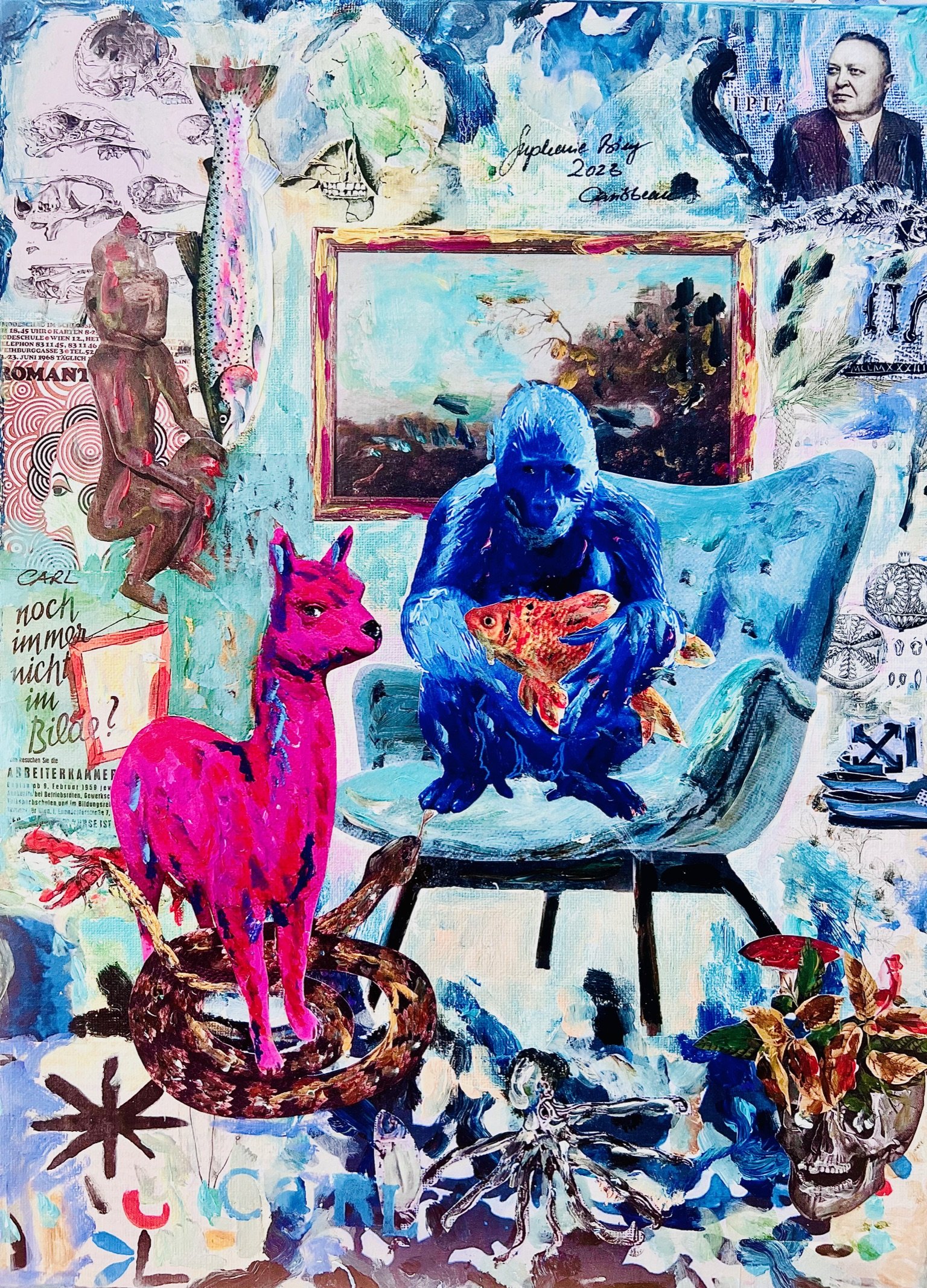 Blue Gorilla with Pink Lama and Carl 2023 Print on Canvas signed 1 von 200 80x60cm €1400.JPG