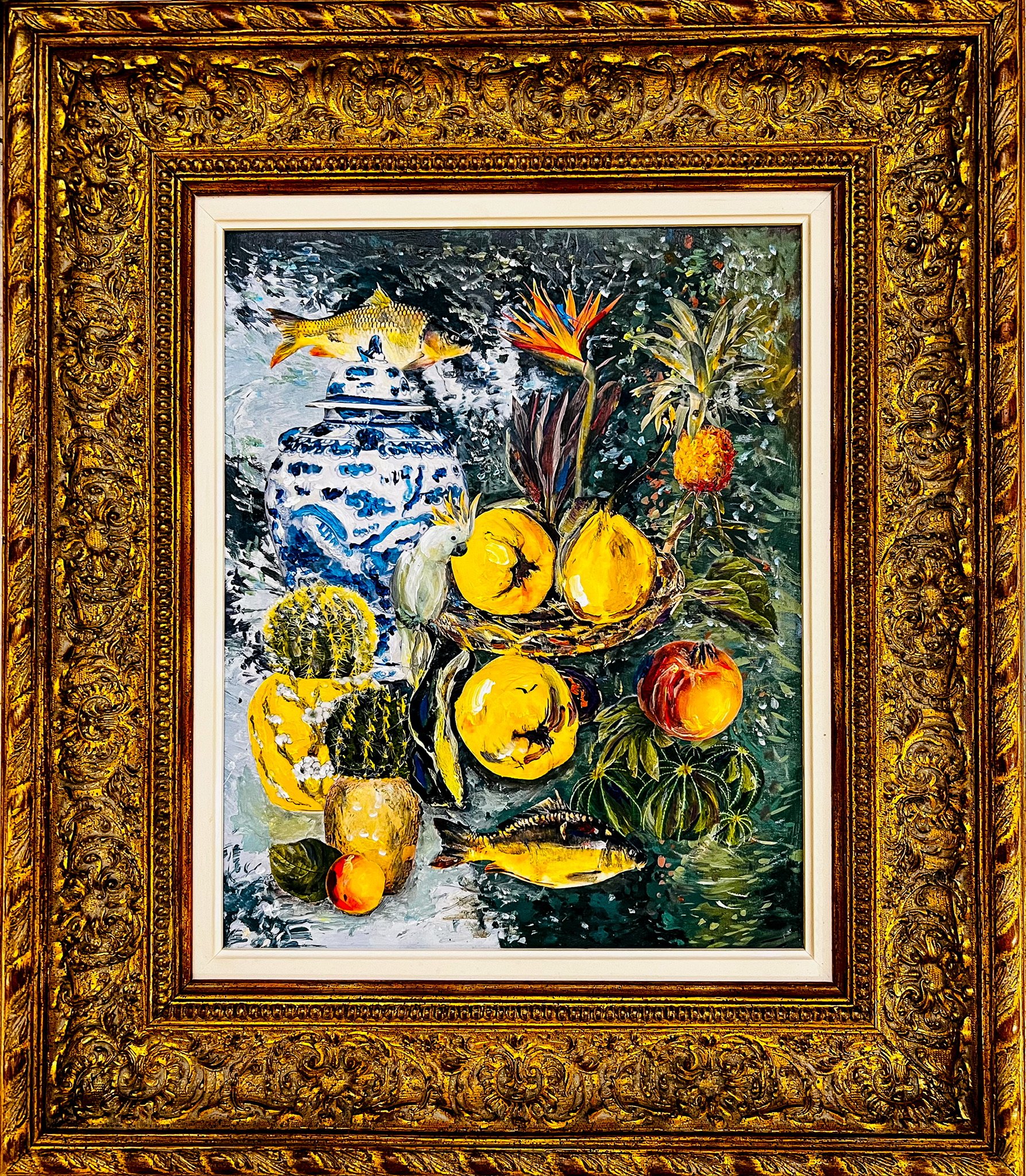 Tropical Still Life with Parrot & Fish 2022 Acryl Mixed Media on Canvas 50x40cm €2500 SOLD.JPG