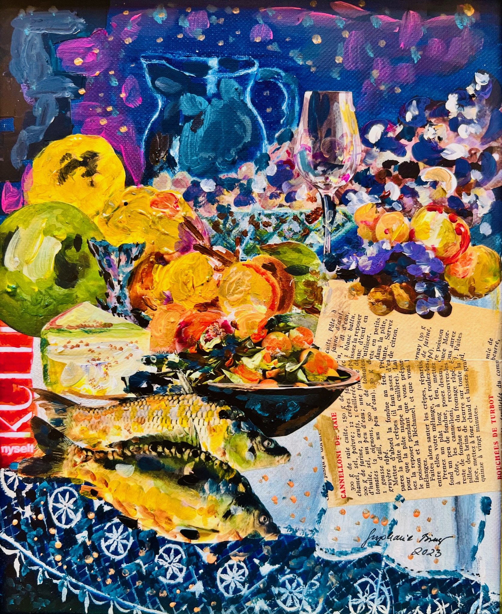 French Still Life with newspaper 2023 Acryl Mixed Media on Canvas framed 27x22cm without frame. €980.JPG