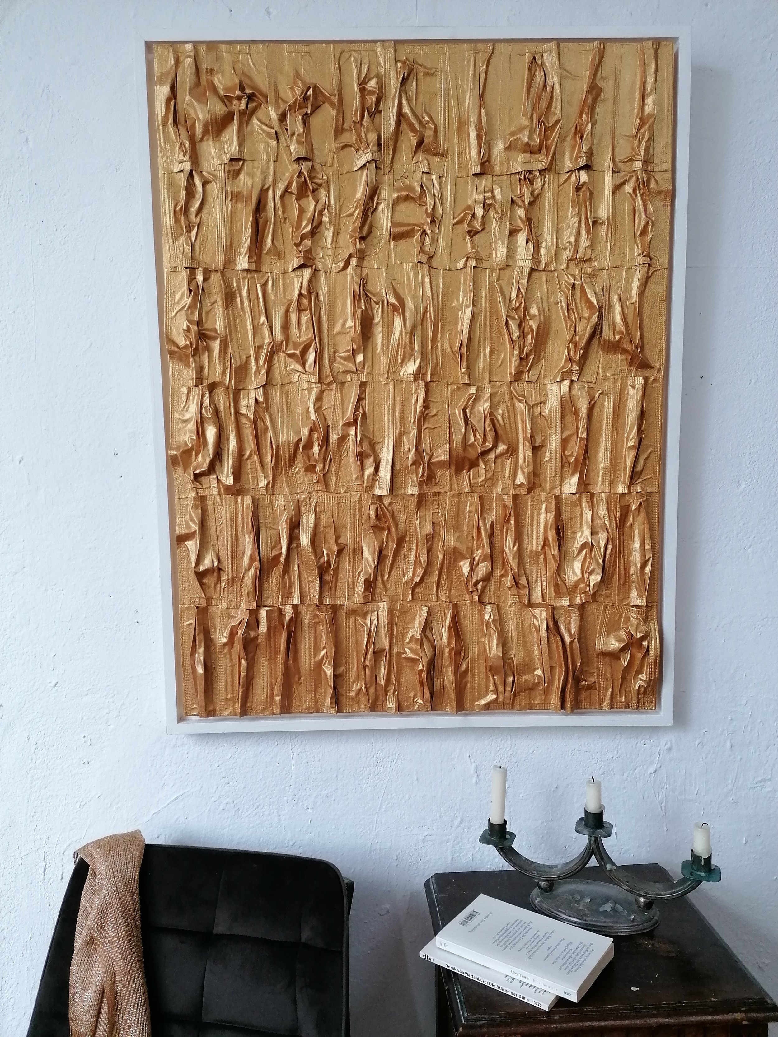 "The Golden Rider 1"  85x100cm , 2024. Mixed Media on Wooden Plate in Frame.