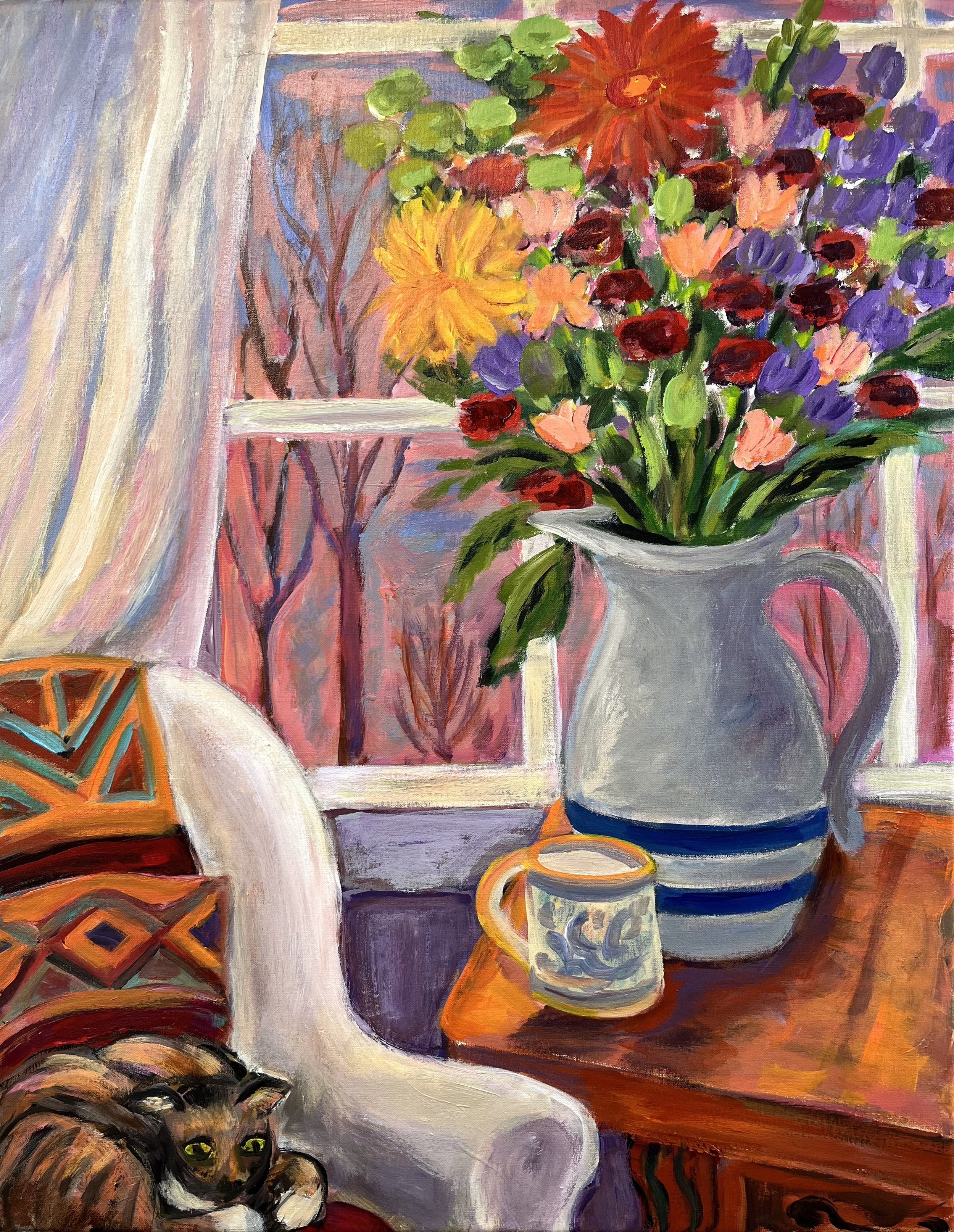  Interior with Flowers and Cat