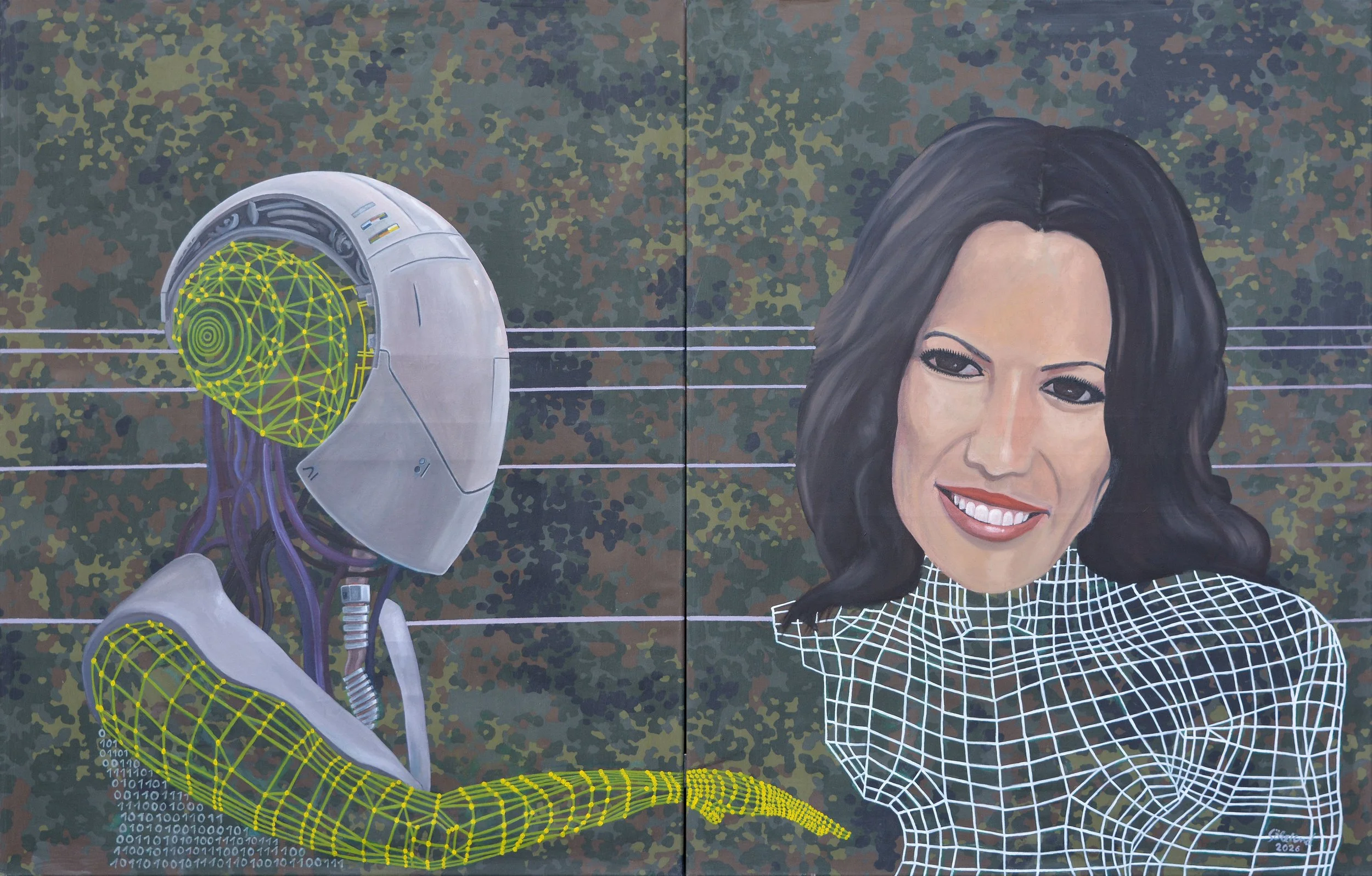  Cold Smile - oil/acrylic on camouflage fabric, 92x144 cm, 2026