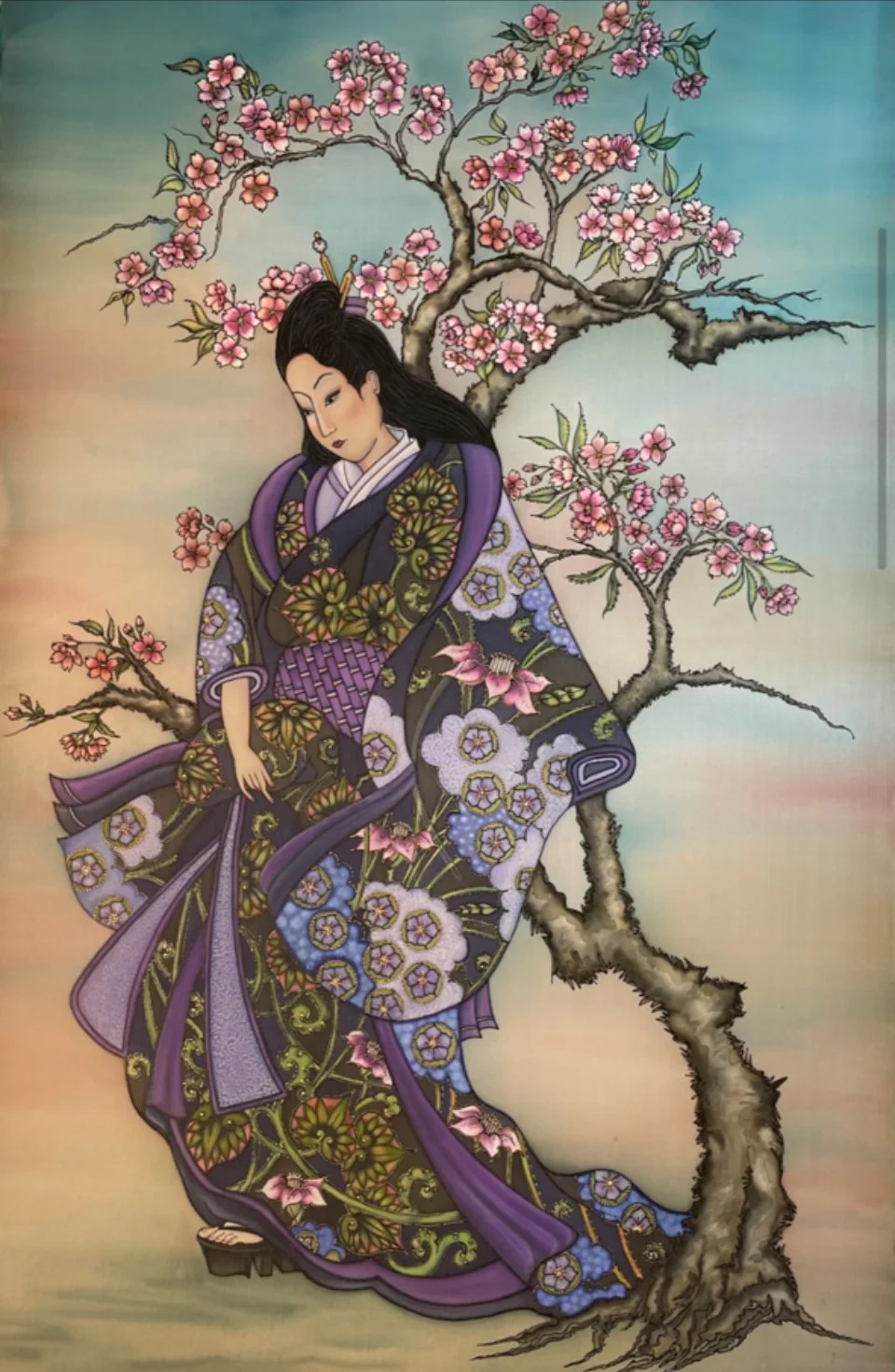 Spring’s Reflection: Woman Under Cherry Blossoms on Silk