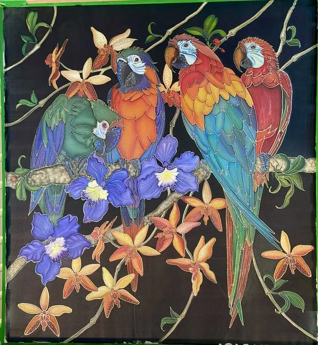 Chorus in Bloom: Parrots and Orchids on Silk