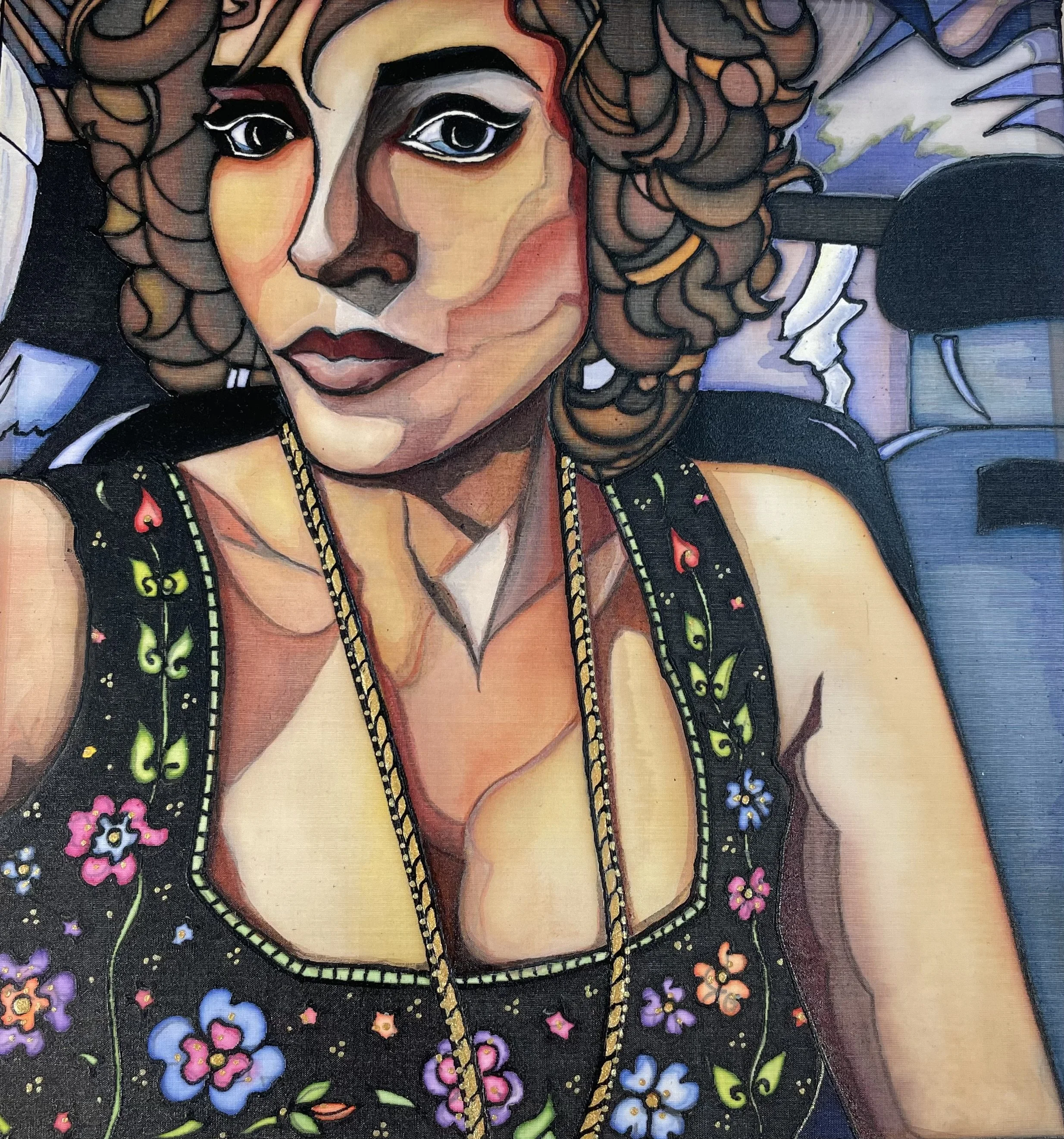  Fractured Radiance: Female Portrait on Silk