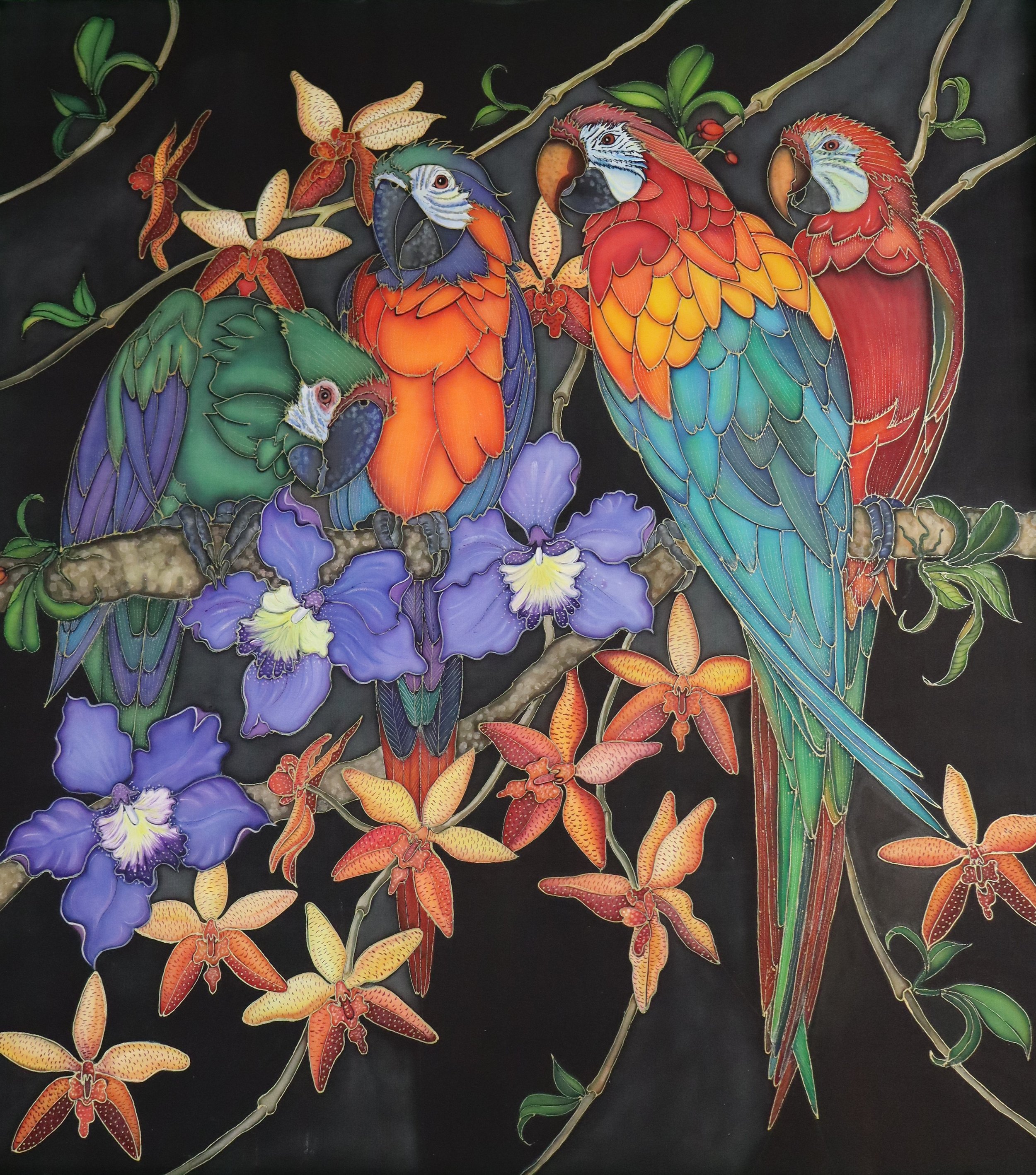 Chorus in Bloom: Parrots and Orchids on Silk