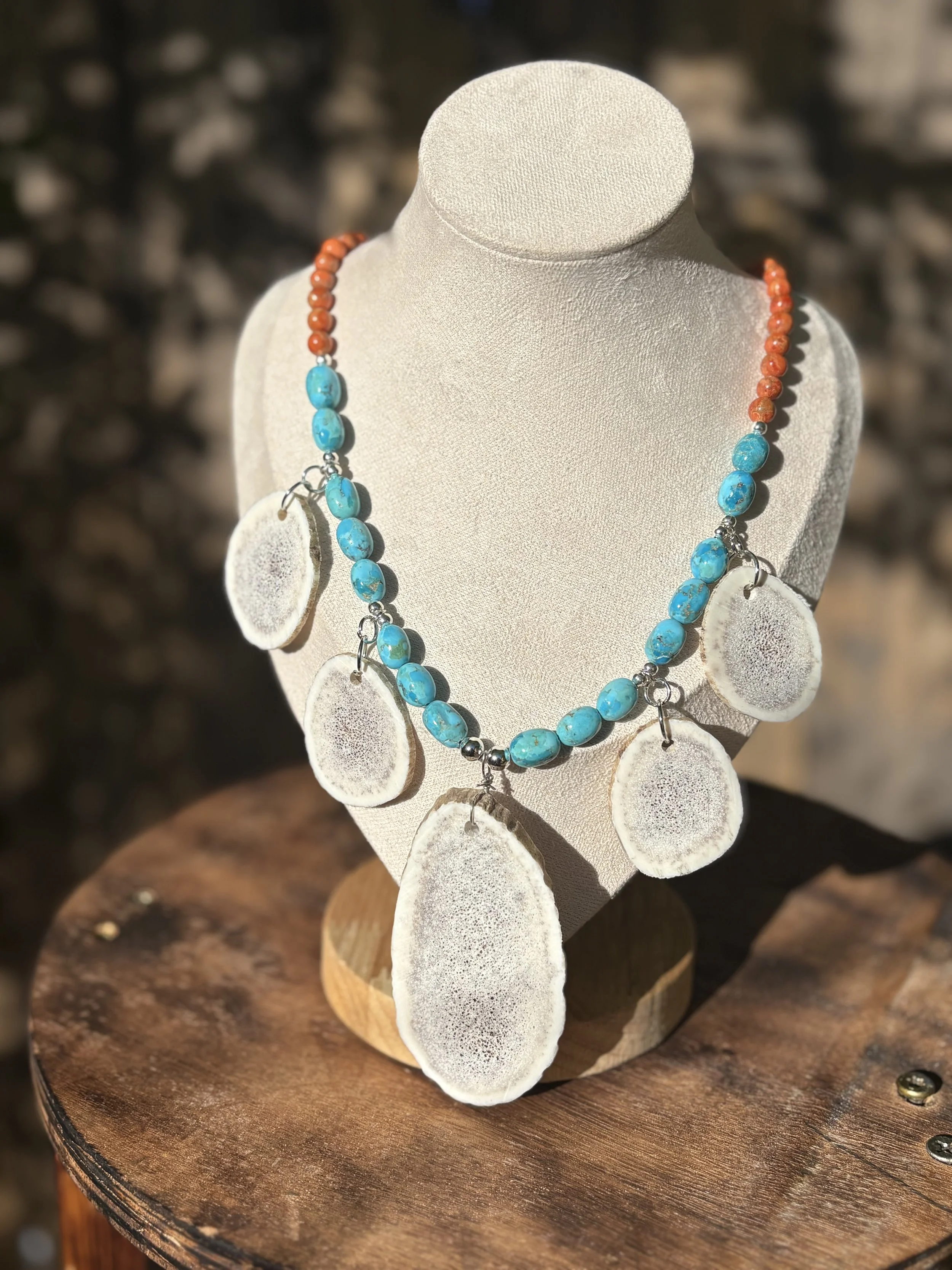 Antler with Kingman Turquoise and Apple Coral Necklace