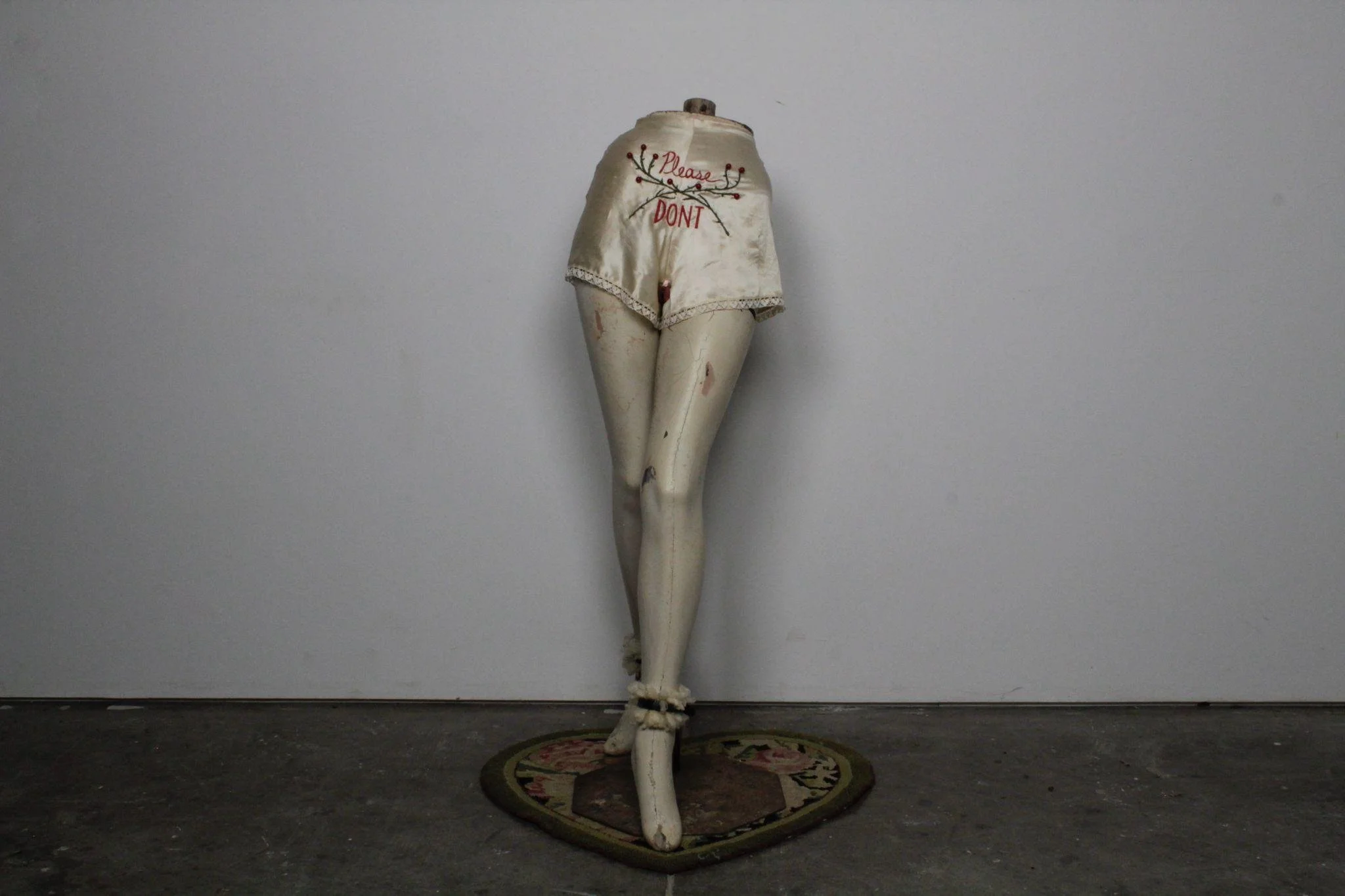 Hobble, 46in. tall, antique reclaimed silk, antique lace, leather, chain, raw wool, 2026
