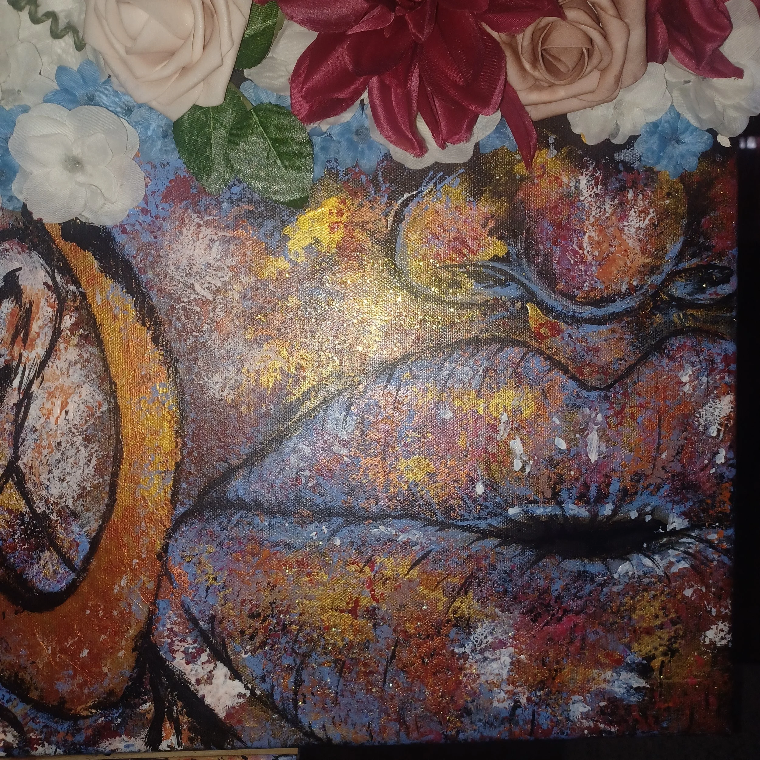  Mixed Media Portrait Made With Faux Flowers &amp; Metallic Acrylic Paint 36 × 48