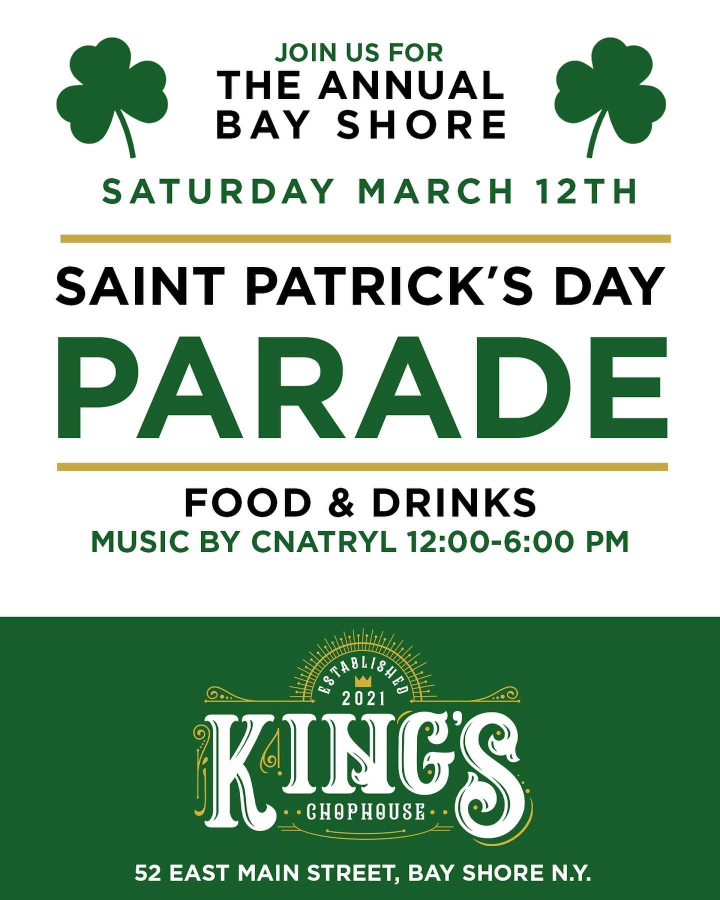 It&rsquo;s that time of the year! Join us Saturday March 12th for the Bay Shore St. Patrick&rsquo;s Day Parade! We have food and drinks available all day long, as well as music by our very own @cnatryl 12:00-6:00 PM!