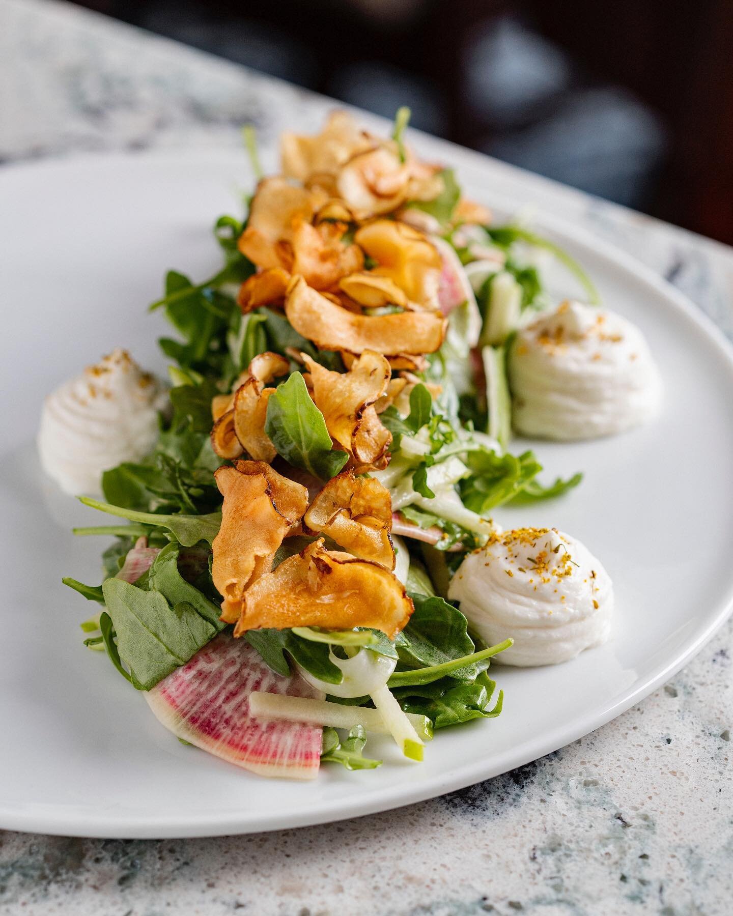 Our seasonal salad is as tasty as it is beautiful! Fennel, Apple, Arugula, Watermelon Radish, toasted Sunflower Seed, crispy Sunchoke, Honey whipped Ricotta, preserved Citrus Vinaigrette. Join us for dinner starting at 5 PM. Also we have Brunch all w