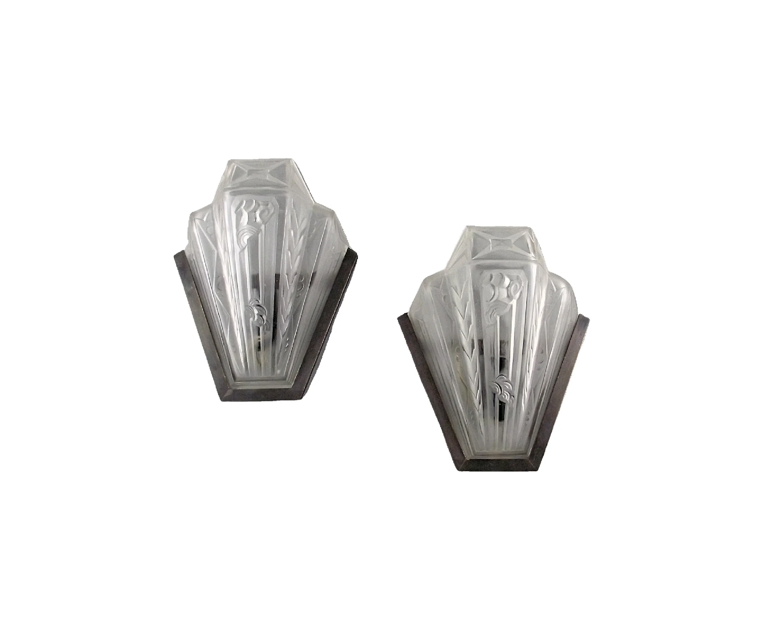 P. GILLES signed pair of Art Deco wall sconces superb pressed glass France 1930s item ref 2860