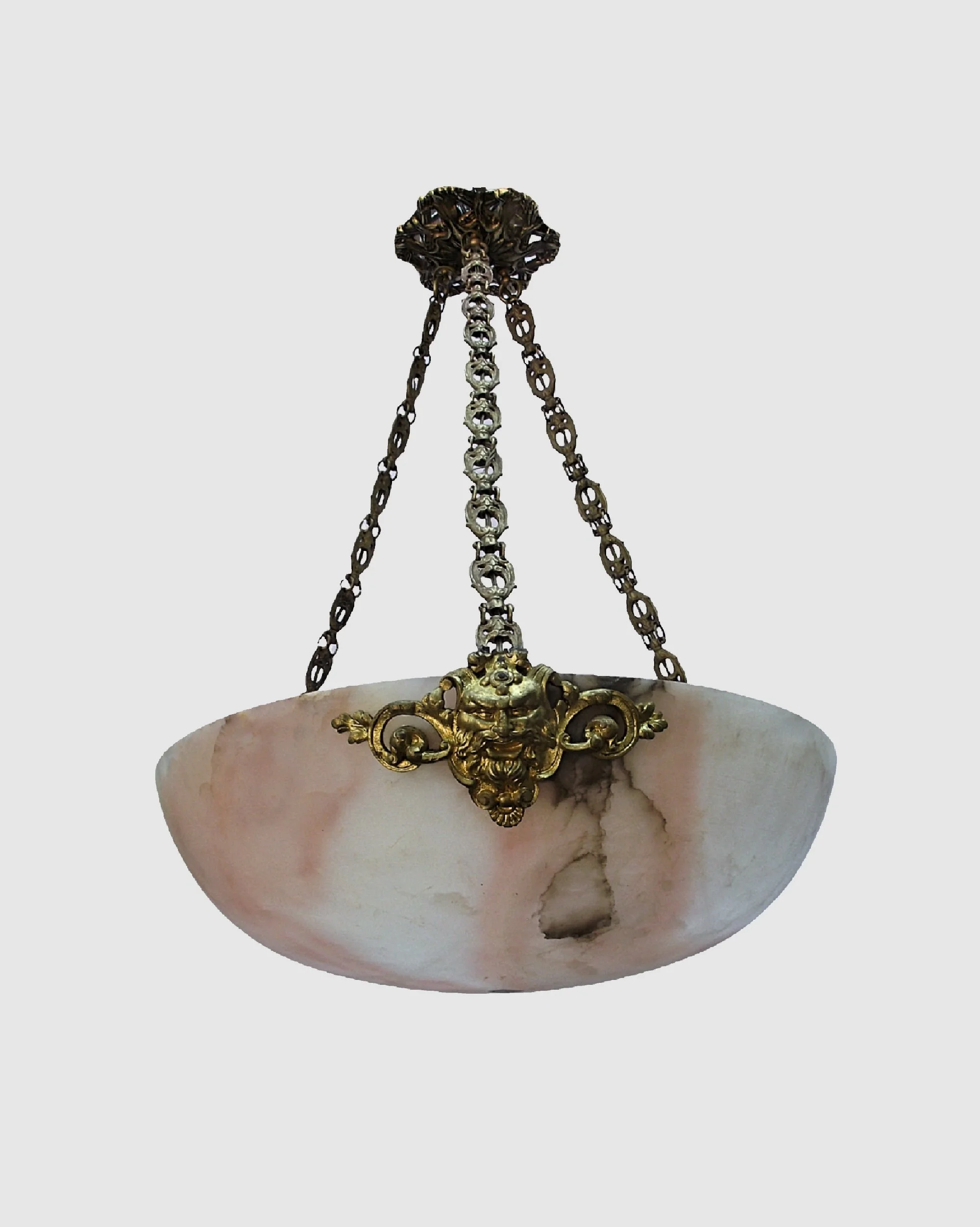 Art Deco pendant chandelier in alabaster and bronze antique original France 1920s