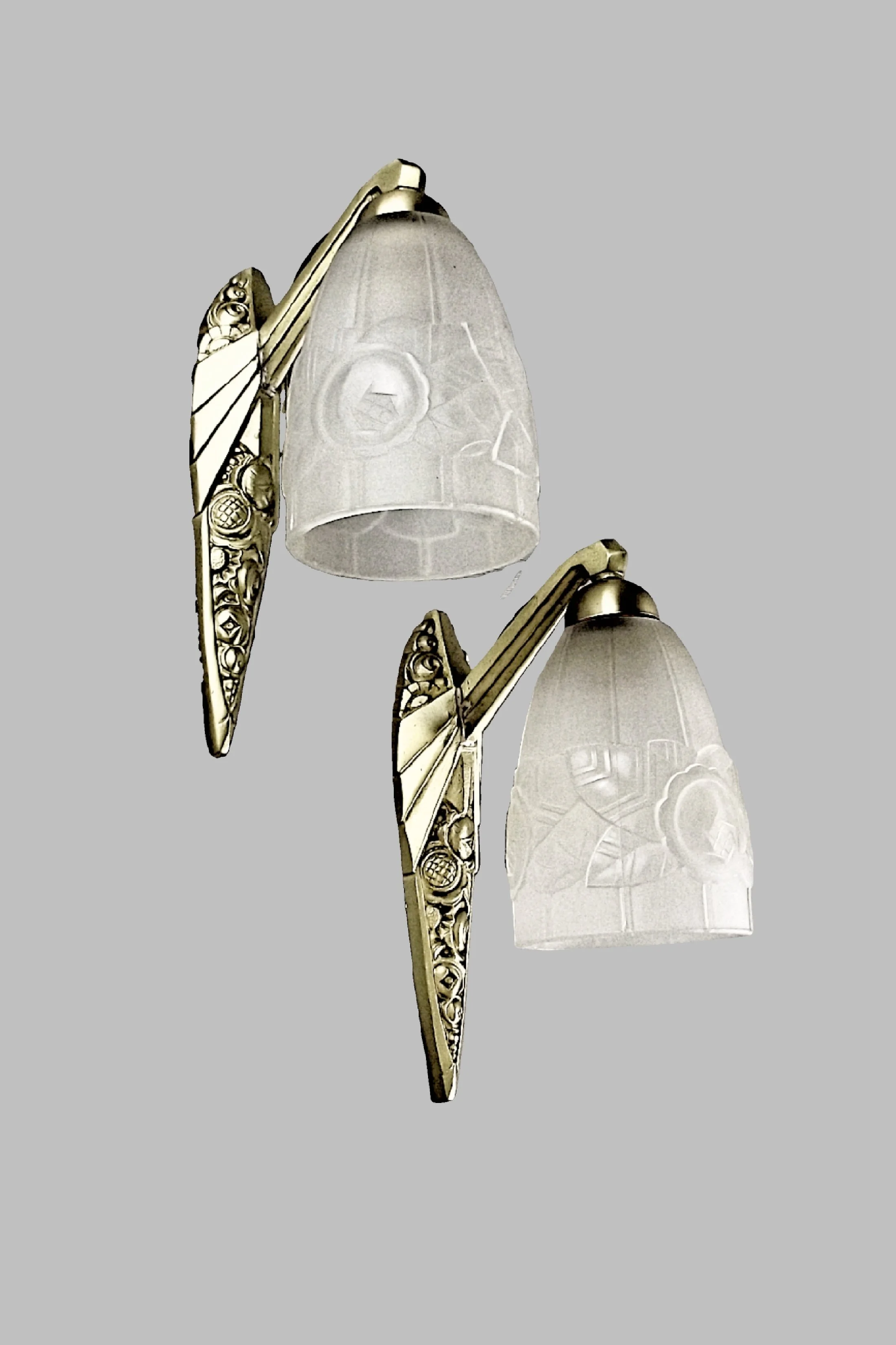 Pair of Art Deco style sconces pressed glass shades brass fixtures vintage France 1980s item ref 2861B