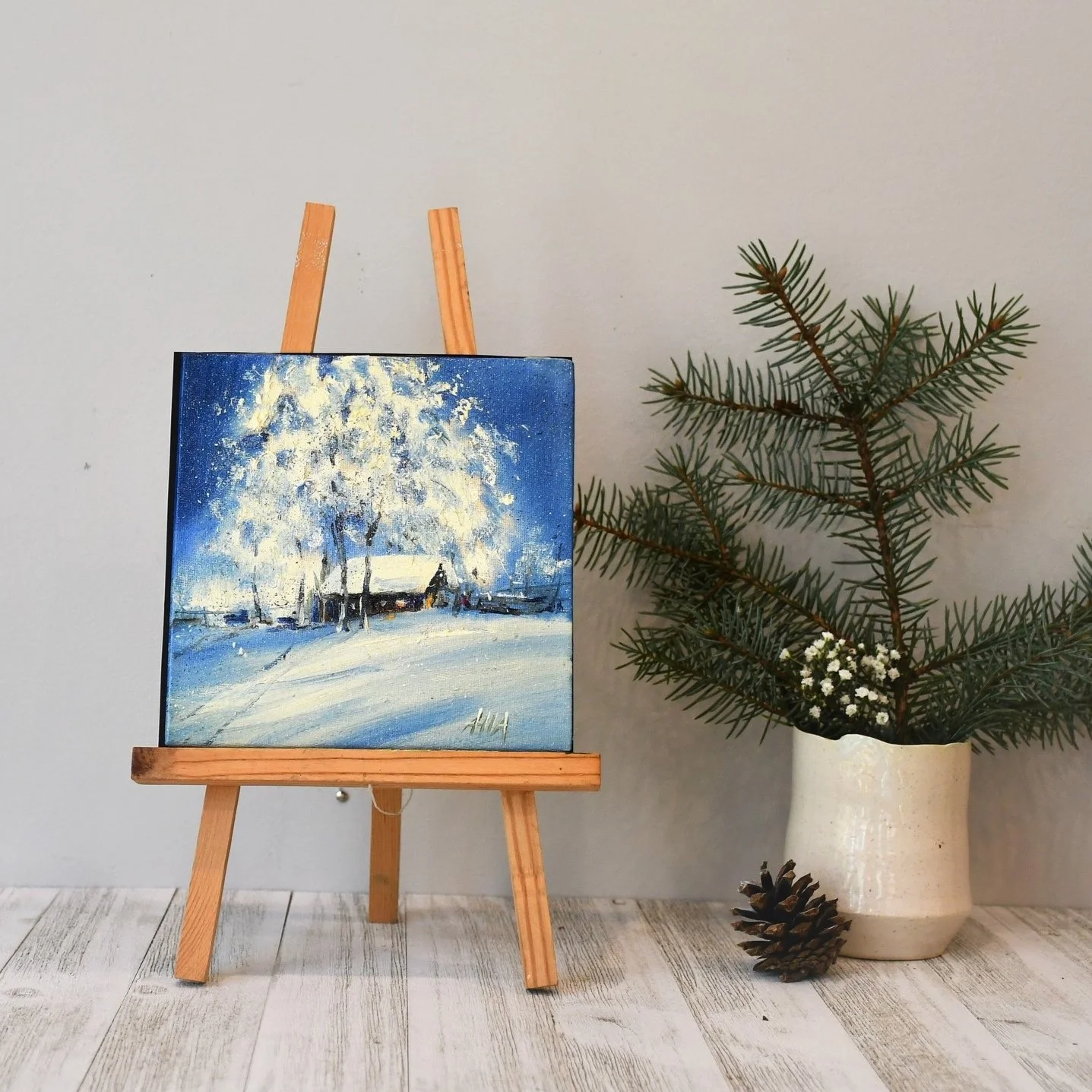 Winter Cabin Painting Winter Cottage Sunset Art Painting with Snowy Cottage Scene Art Snow Landscape