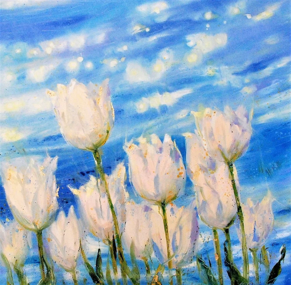 Blue Sky Tulip Wall Art Painting with Tulips Large Tulip Oil