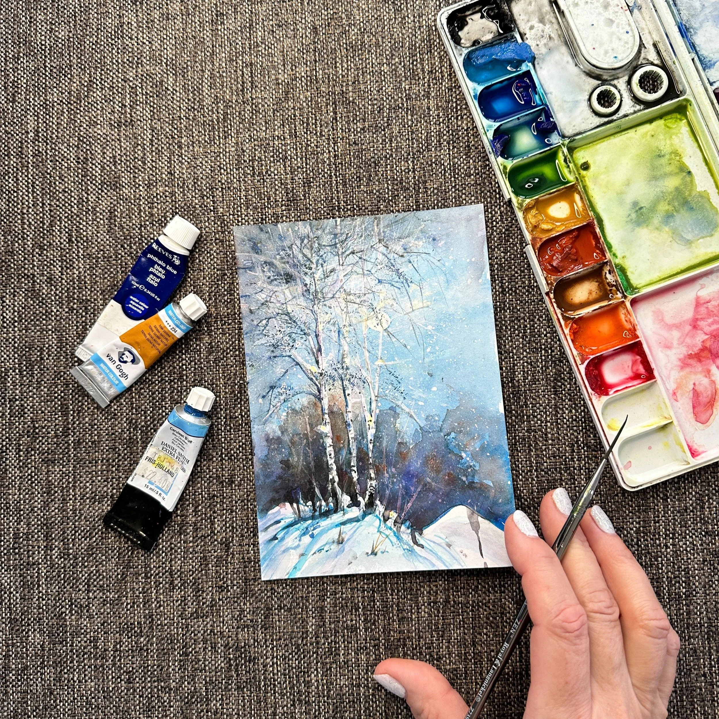 Winter Landscape Art Sunset Blue Sky Painting Forest Landscape Holiday Scene Art Gift Original ARt