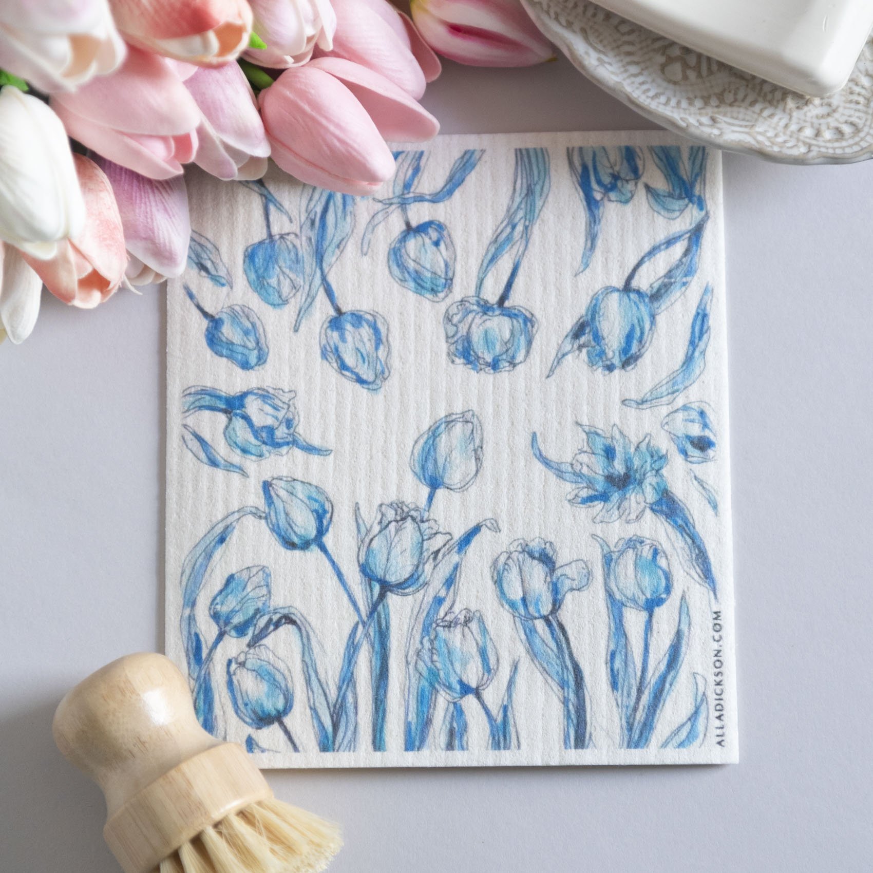 Blue Tulip Delft Art Dishcloth Blue and White Decor Tulip Design Kitchen Gift Blue Delft Style
